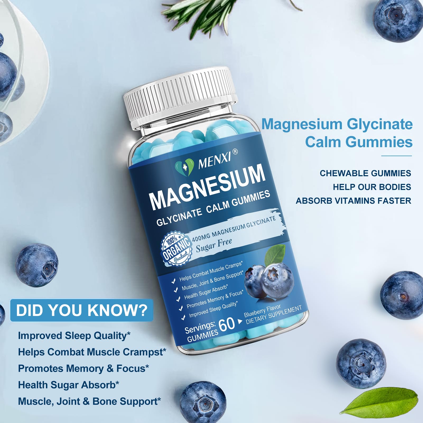 Magnesium Gummies 600mg per Serving-Magnesium Glycinate 400mg and Magnesium Malate 200mg,Sugar Free Magnesium Potassium Supplement for Calm Mood, Muscle, Bone & Sleep Support,60 Blueberry Gummies MENXIAu supplements