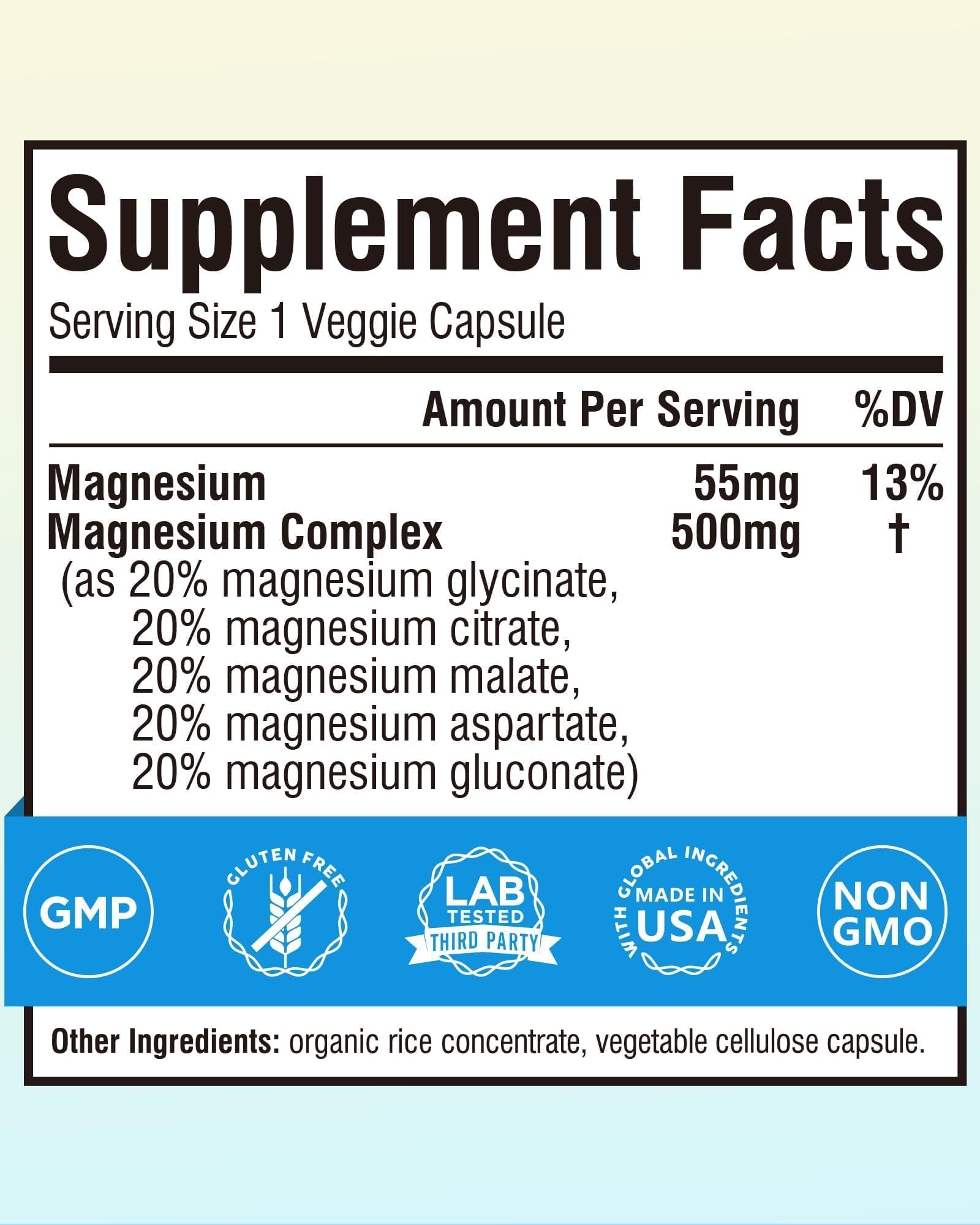 Terranics 5-in-1 Magnesium Complex Supplement 500mg - 5 Forms High Absorption Magnesium Glycinate Citrate Malate Aspartate Gluconate for Sleep Heart Health - Non-GMO 120 Vegan Capsules TerranicsAu supplements