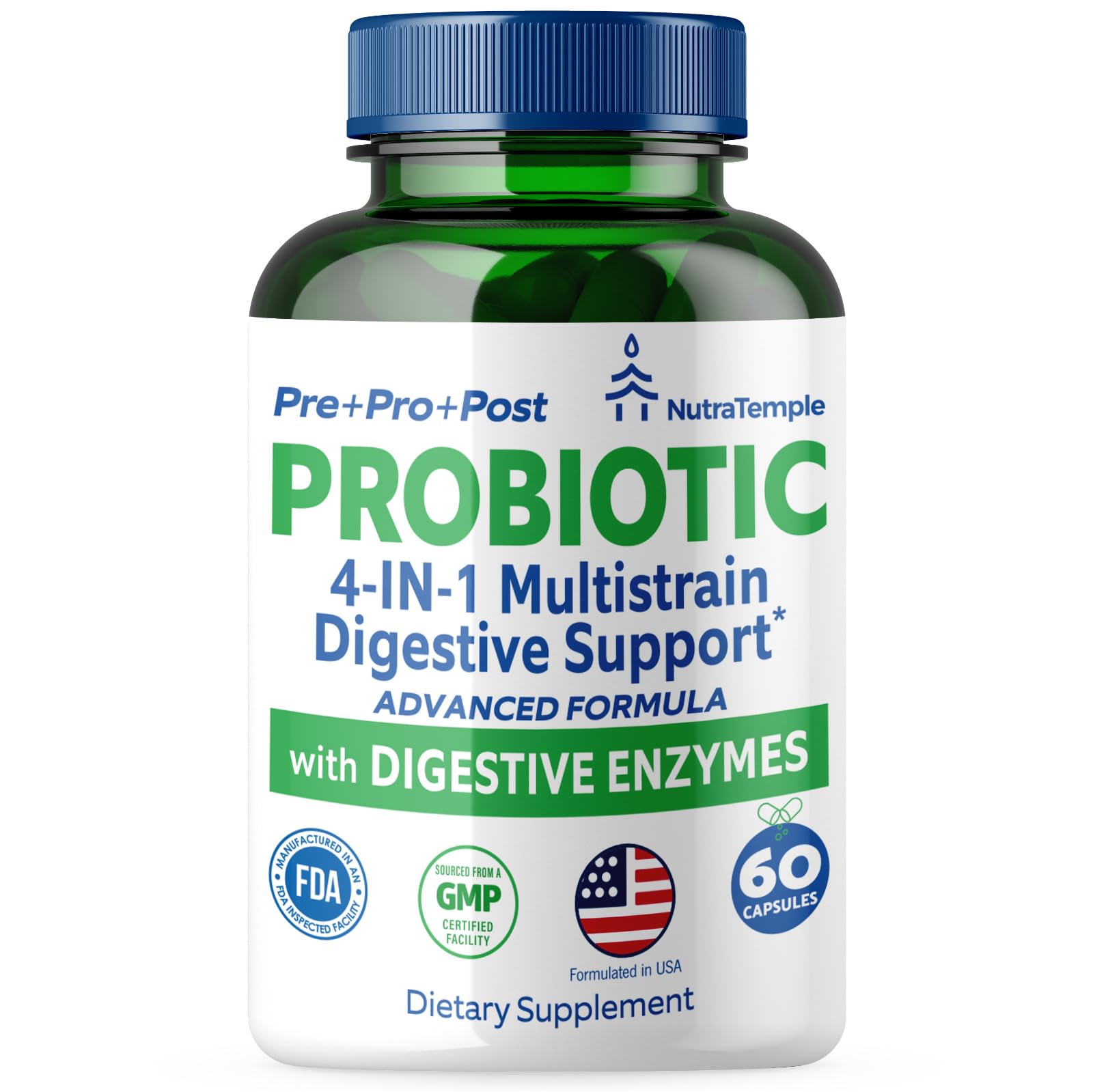 NUTRATEMPLE 4 in 1 Pre Post Probiotics & Digestive Enzymes for Women & Men - Digestive Health, Gut & Immune Support for Occasional Constipation, Diarrhea, Gas & Bloating – 60 Veggie Capsules NUTRATEMPLEAu supplements
