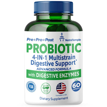 NUTRATEMPLE 4 in 1 Pre Post Probiotics & Digestive Enzymes for Women & Men - Digestive Health, Gut & Immune Support for Occasional Constipation, Diarrhea, Gas & Bloating – 60 Veggie Capsules NUTRATEMPLEAu supplements