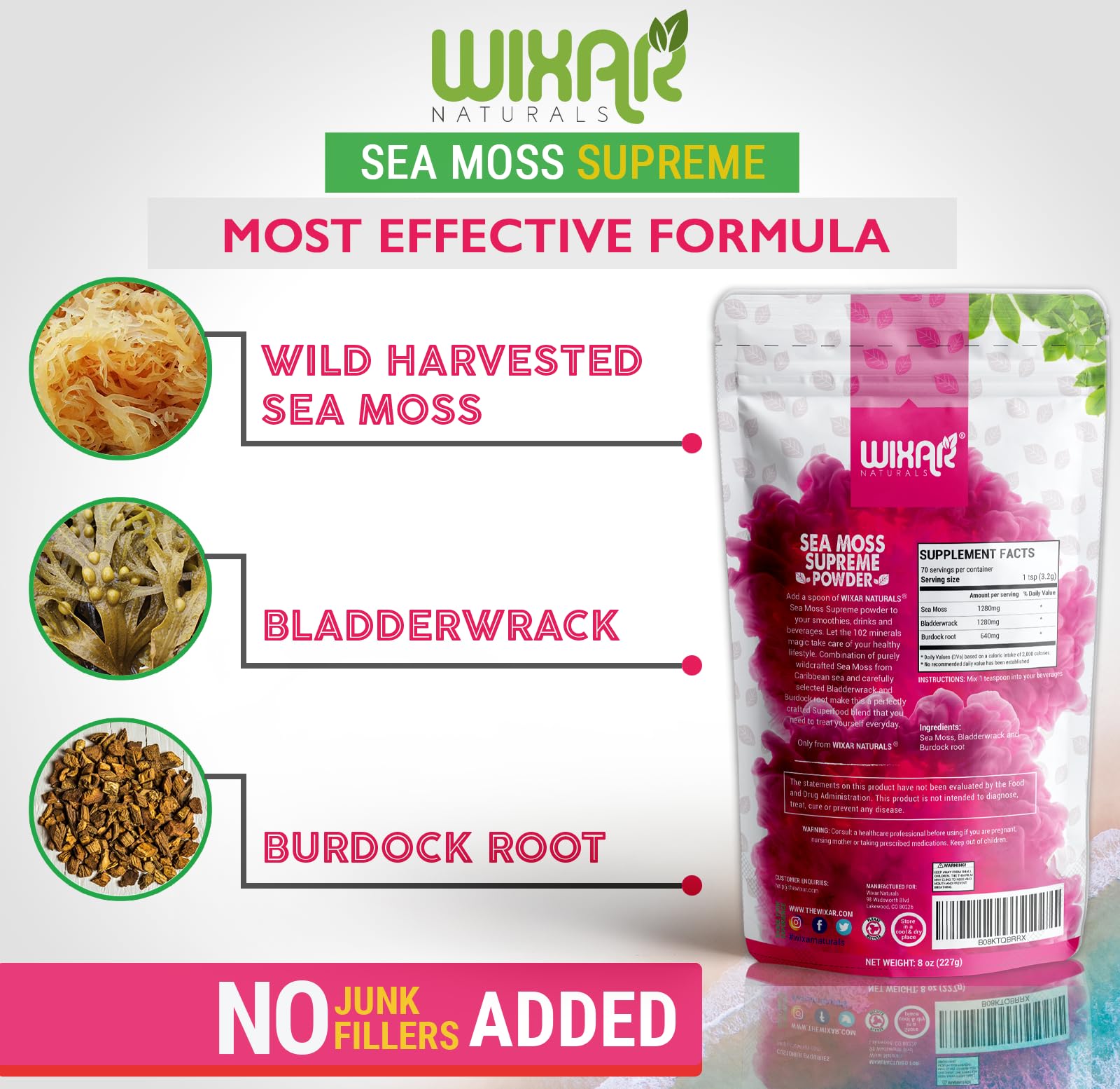Wixar Wildcrafted Sea Moss Powder – (8 Ounces) – Natural Irish Sea Moss and Bladderwrack with Burdock Powder - Thyroid Support, Healthy Skin, Keto Detox, Joint Support Alkaline Supplements WIXAR NATURALSAu supplements