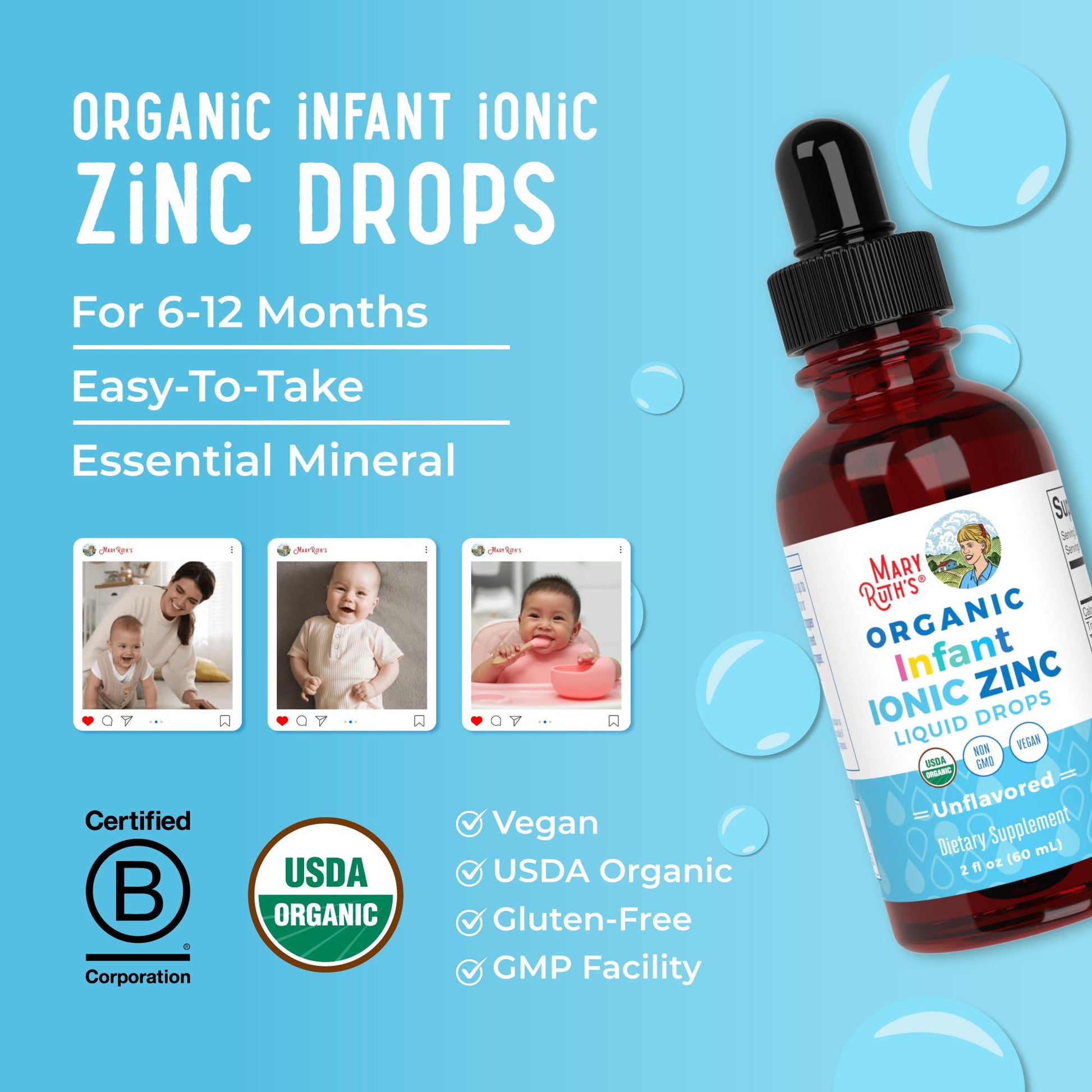 MaryRuth Organics Organic Infant Ionic Zinc Liquid Drops | Zinc Sulfate for Immune Support | Organic Glycerin | Antioxidant | Vegan | Formulated for Babies Ages 6-12 Months | 1 Month Supply | 2 Fl Oz MARYRUTH'SUS supplements