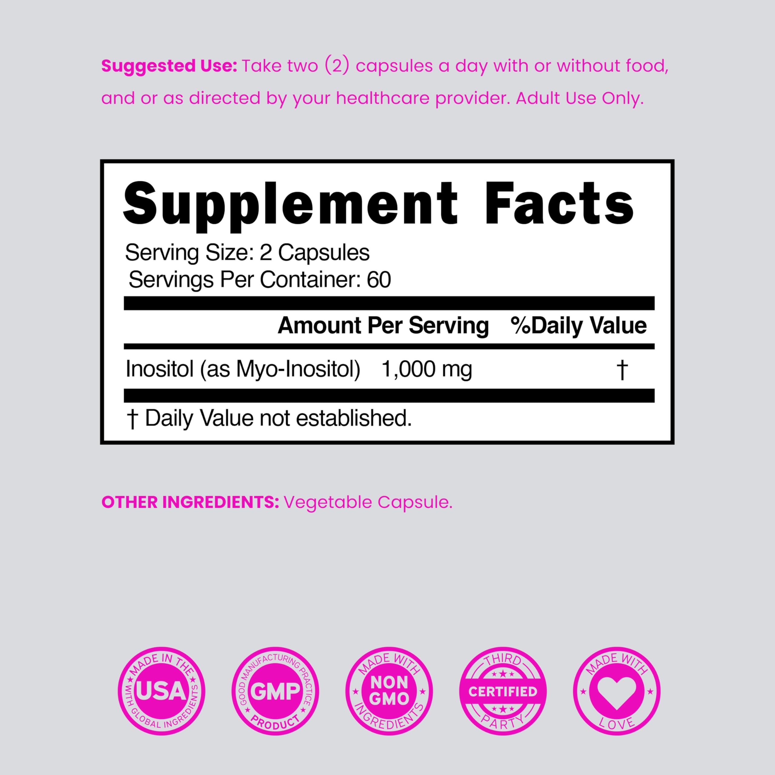 Inositol Capsules (Myo Inositol) (1000mg Per Serving 120 Capsules) Myo Inositol Supplement for Women Hormone Balance Support - Vegan Safe - Third Party Tested - Gluten Free & Made in USA (120 Count) DORADO NUTRITIONAu supplements