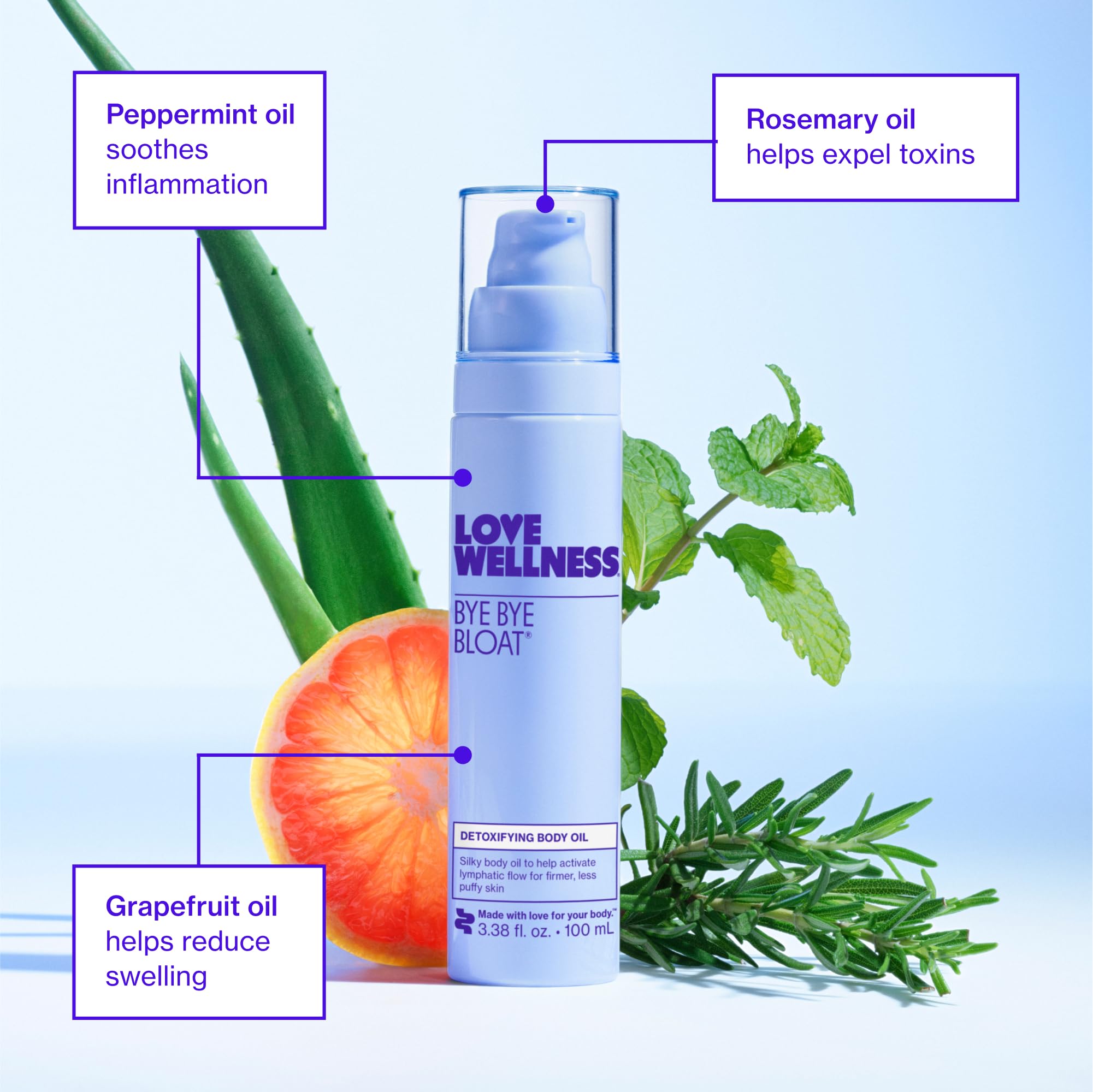 Love Wellness Bye Bye Bloat Detoxifying Body Oil | Lymphatic Drainage Oil to Hydrate, Depuff & Awaken Skin | Reduce Swelling Massage Oil for Women with Peppermint, Grapefruit & Rosemary Oil |100 mL Love WellnessUS supplements