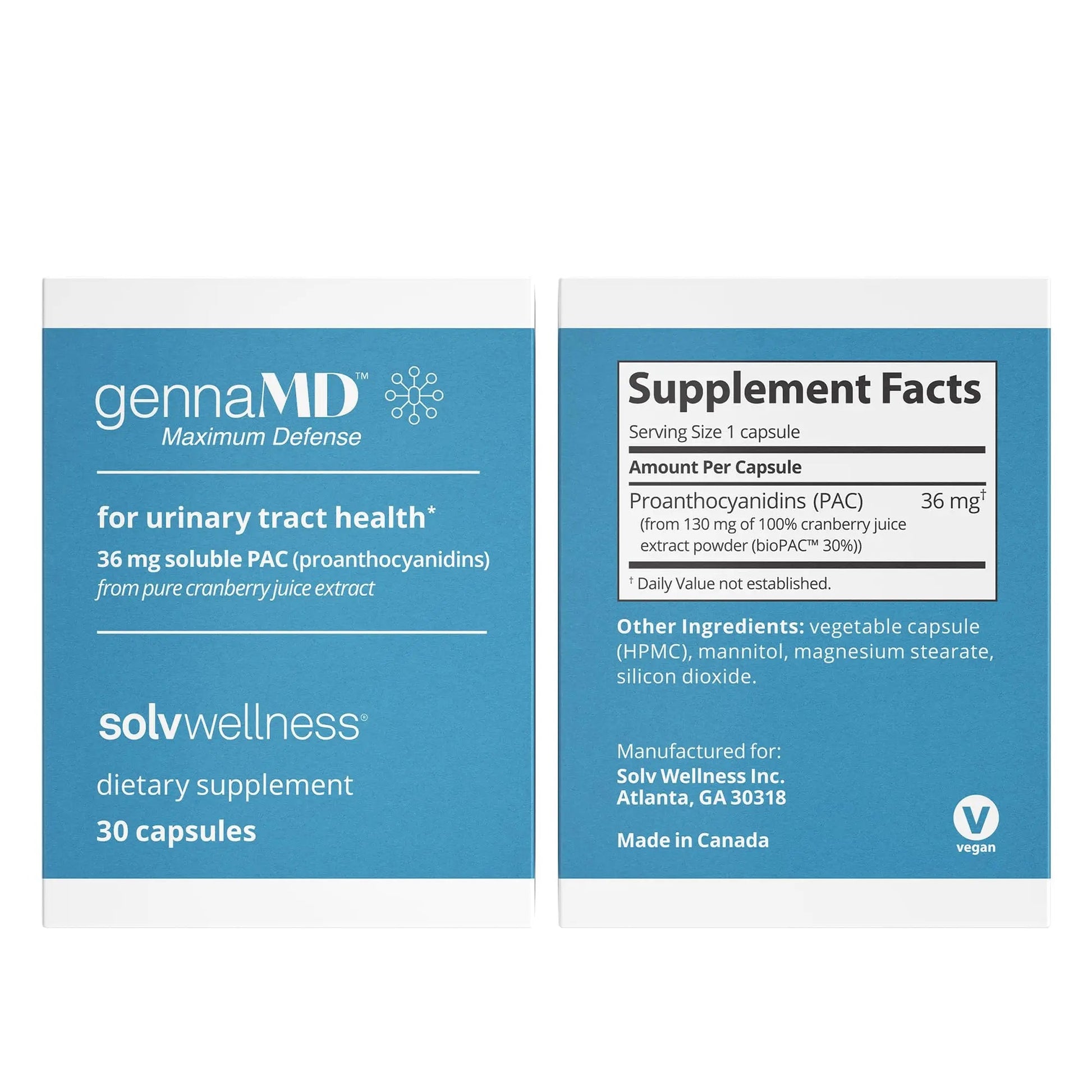 Solv Wellness GennaMD - Maximum UTI Defense - 36 mg Soluble PAC from 100% Cranberry Juice Extract - Highest PAC Concentration in a Small, Easy-to-Swallow Capsule - 30 Capsules Solv WellnessAu supplements