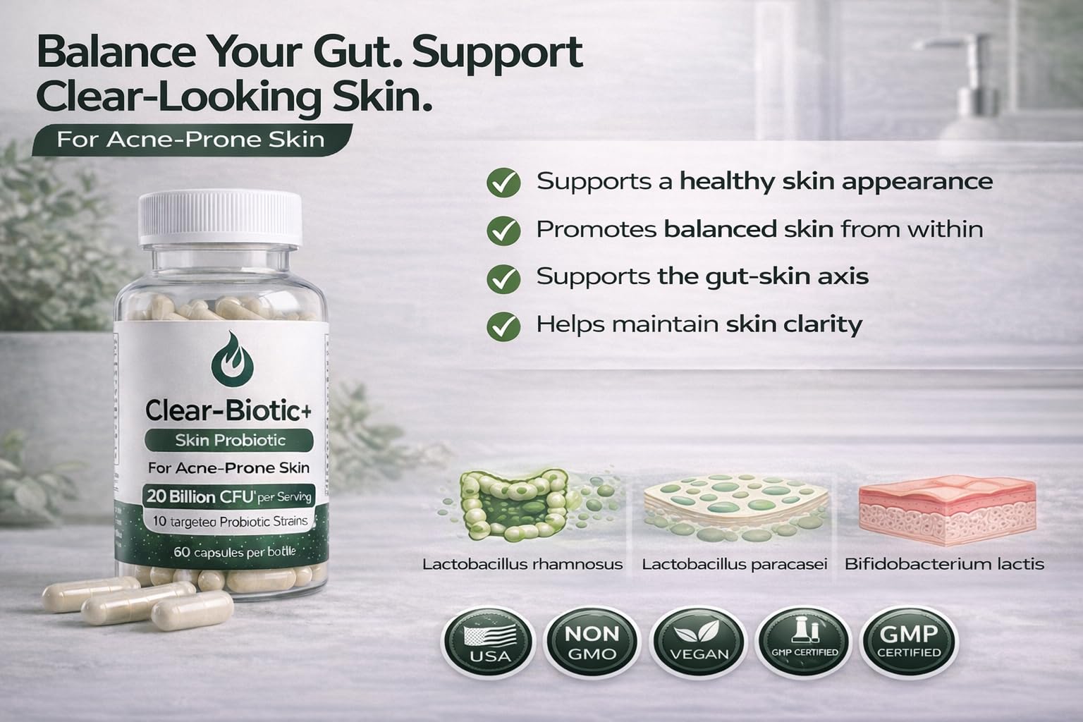 Acne Pills Probiotic Acne Supplements for Teens & Adults - Hormonal Acne Vitamins, Gut Health for Clear Skin, Non-GMO (60 Capsules) Gut Skin Axis Clear-BioticAu supplements