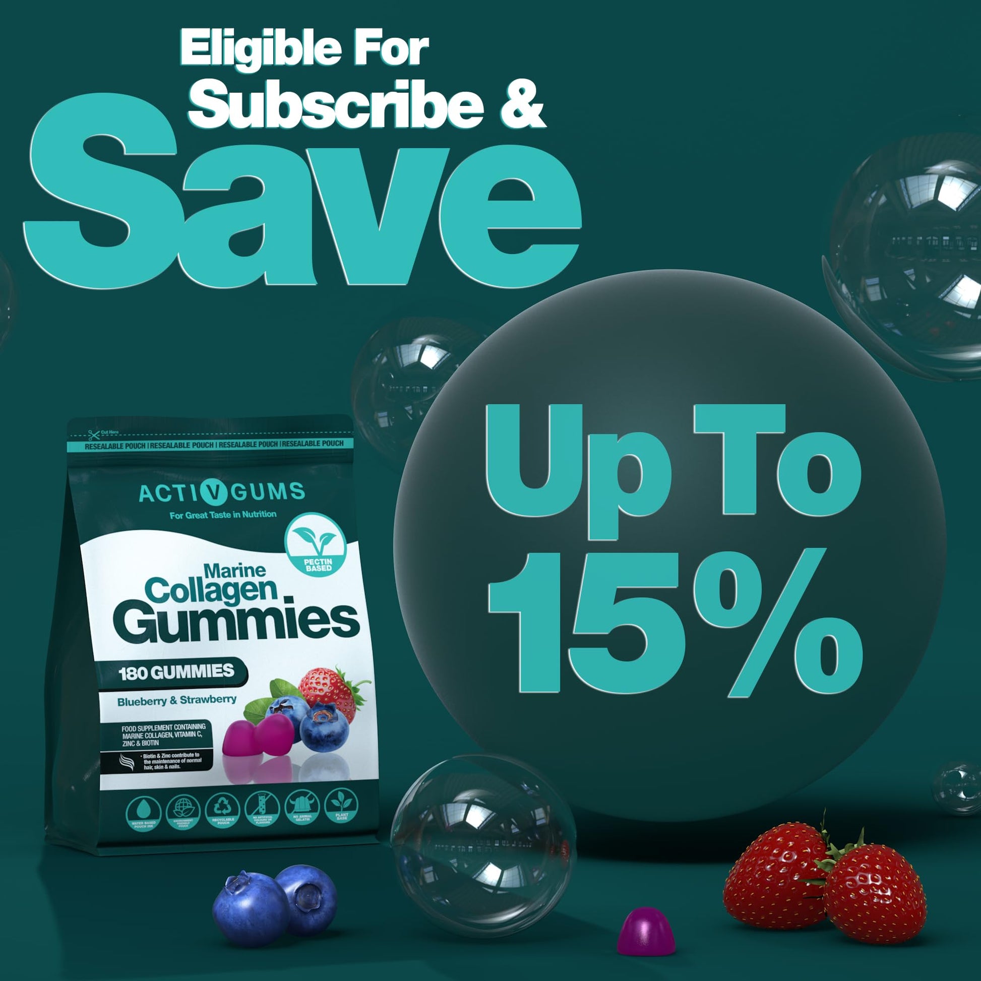 Marine Collagen Complex 180 Gummies. Strawberry & Blueberry Flavour. Resealable & Recyclable Pouch. Contains Marine Collagen, Vitamin C Activ GumsAu supplements