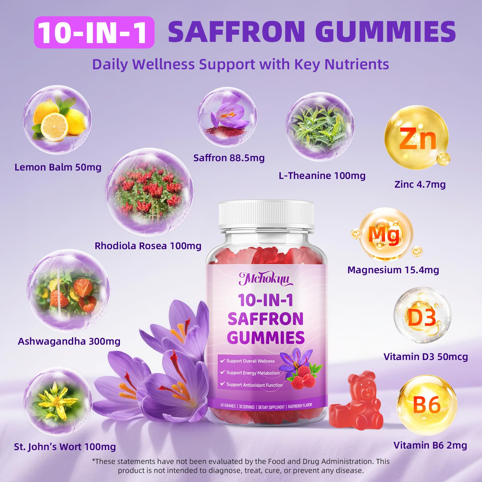 Saffron Supplement Gummies for Kids & Adults Supports Antioxidant Function with Ashwagandha, L-Theanine, Rhodiola Rosea, Lemon Balm, Vitamin D3, B6, Magnesium & Zinc – Raspberry Flavor, 60 Count MchokuuAu supplements