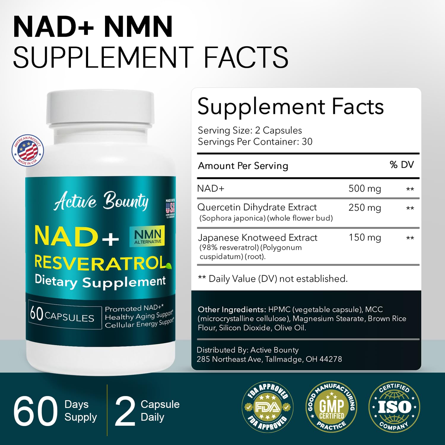 NAD+ Resveratrol Supplement with Quercetin – NMN Alternative for Cellular Energy Support, Focus & Healthy Aging – High Potency 500mg NAD+ Formula, Vegan, Non-GMO, Gluten-Free, Made in USA, 60 Capsules Active BountyAu supplements