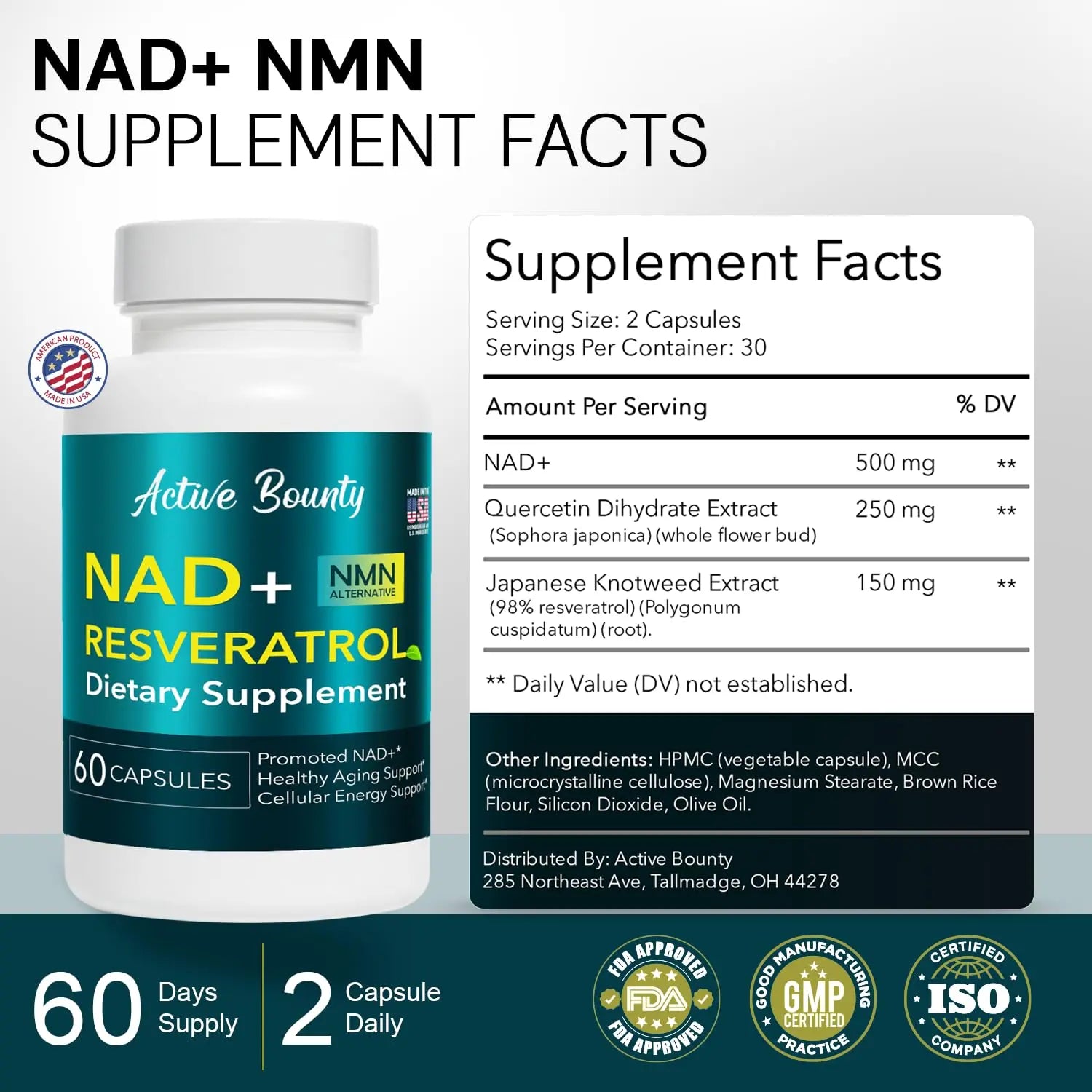 NAD+ Resveratrol Supplement with Quercetin – NMN Alternative for Cellular Energy Support, Focus & Healthy Aging – High Potency 500mg NAD+ Formula, Vegan, Non-GMO, Gluten-Free, Made in USA, 60 Capsules Active Bountynz supplements