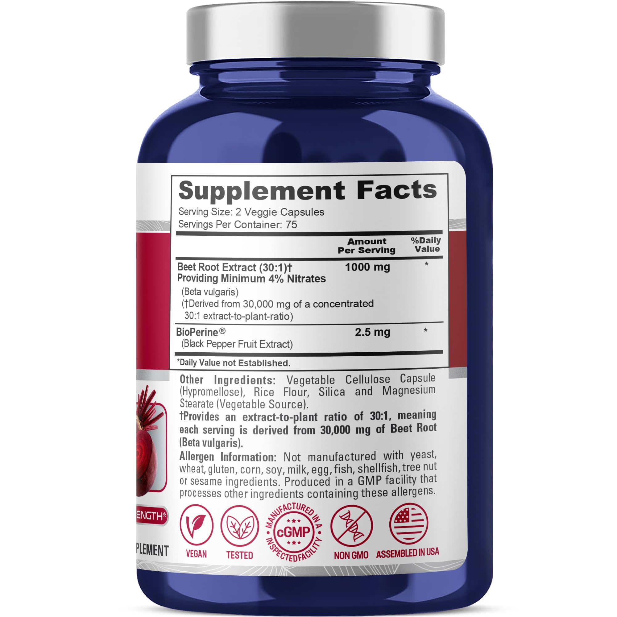 NusaPure Beet Root 30:1 Extract, 1000 mg Equivalent to 30,000 mg 150 Veggie caps (Vegan, Non-GMO & Vegan 4% Nitrates) Bioperine NusaPureAu supplements