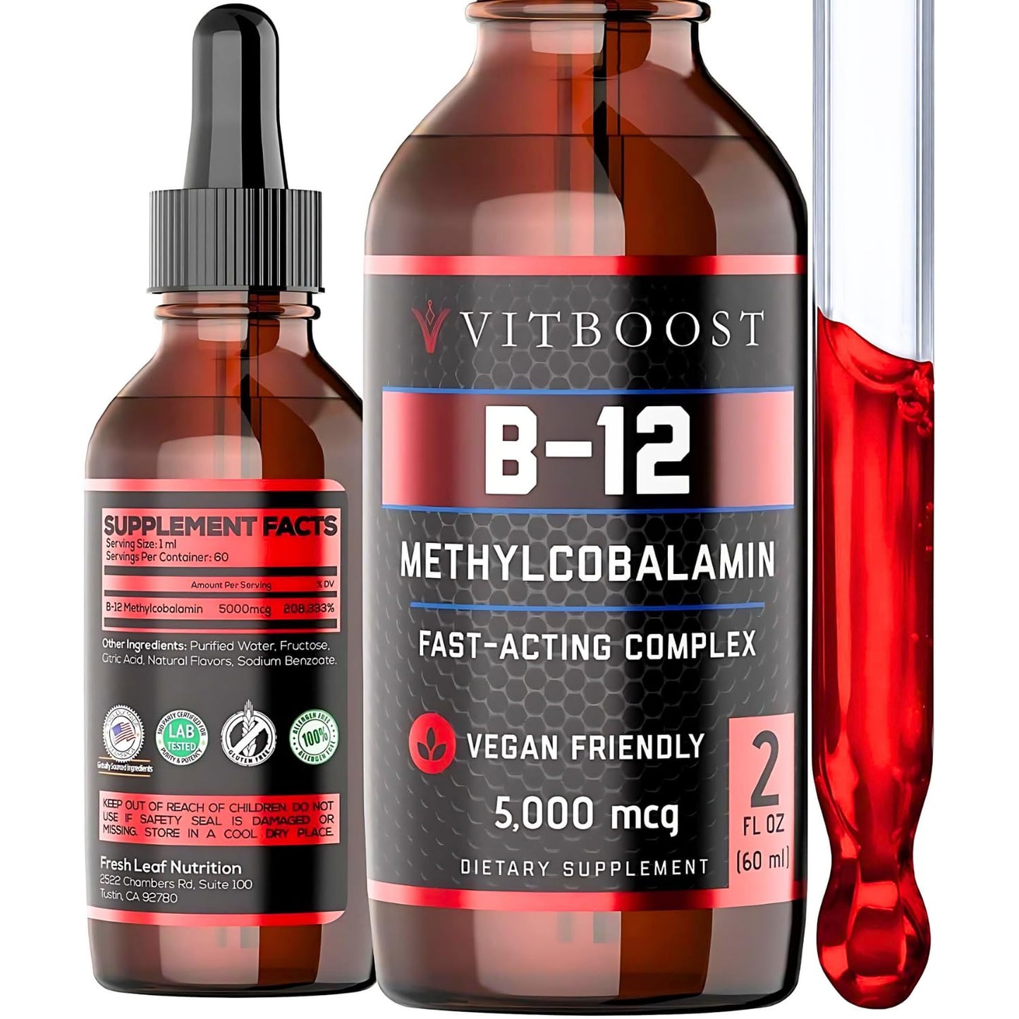 VITBOOST Vegan Liquid B-12 Drops – 60 x 5000 mcg Extra Strength Raspberry Flavored Vitamin B12 Liquid Methylcobalamin sublingual Supplement | Designed to Maximize Absorption VITBOOSTUS supplements
