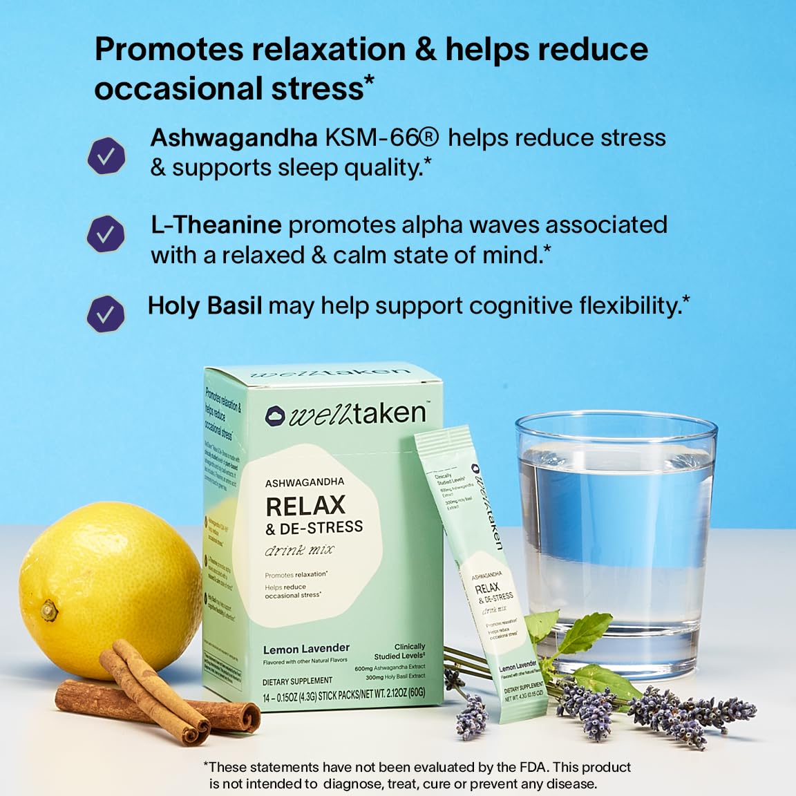 WellTaken Ashwagandha Relax & De-Stress Powder - Lemon Lavender 14ct Box - 600mg Ashwagandha, 200mg L-Theanine, Holy Basil – Supports Stress, Relaxation – Vegan, No Added Sugar - 14 Servings WellTakenAu supplements