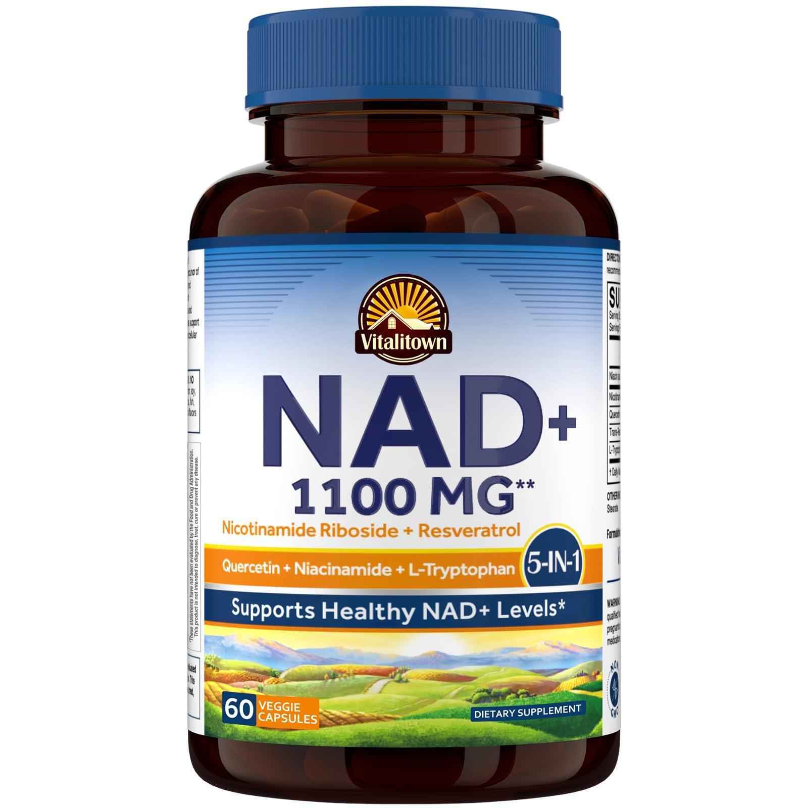 Vitalitown 5 in 1 NAD+, NMN Supplement Alternatives, Nicotinamide Riboside (NR), Trans-Resveratrol, Quercetin, Niacinamide, L-Tryptophan, for Cellular Energy, Heart, Skin, 60 Veggie Capsules VitalitownAu supplements