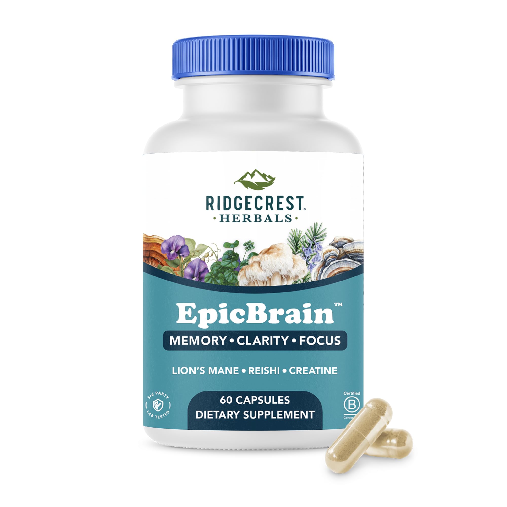 RidgeCrest Herbals EpicBrain, Natural Brain Support Supplement with Creatine Monohydrate, Lion's Mane, Reishi, Supports Mental Clarity, Memory, Focus, Stimulant-Free Nootropic (60 Count, 30 Servings) RidgeCrest HerbalsAu supplements