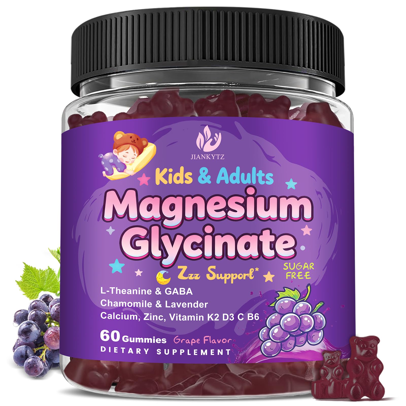 Sugar Free Magnesium Glycinate Gummies for Kids & Adults - Zzz Support, Relaxation & Cognition Support, 200/400mg Magnesium Gummies with L-Theanine, GABA, Calcium, B6, D3, C & K2, Grape Flavor, 60 Ct JIANKYTZAu supplements