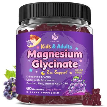 Sugar Free Magnesium Glycinate Gummies for Kids & Adults - Zzz Support, Relaxation & Cognition Support, 200/400mg Magnesium Gummies with L-Theanine, GABA, Calcium, B6, D3, C & K2, Grape Flavor, 60 Ct JIANKYTZAu supplements