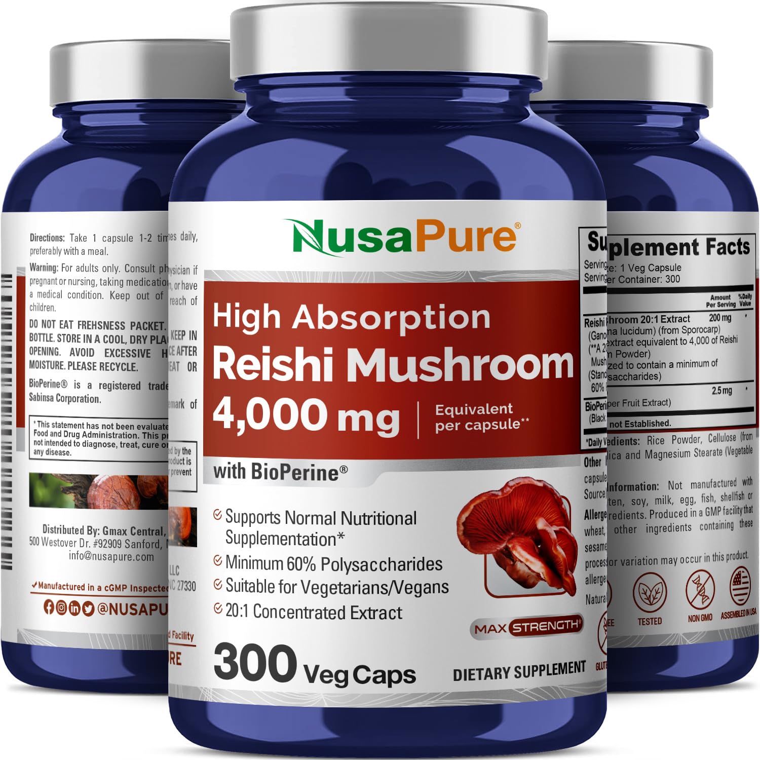 NusaPure Reishi Mushroom Extract 20:1 Extract, 200 mg Equivalent to 4000mg per Capsule 300 Veggie Caps Vegan, Non-GMO, Vegan NusaPureAu supplements