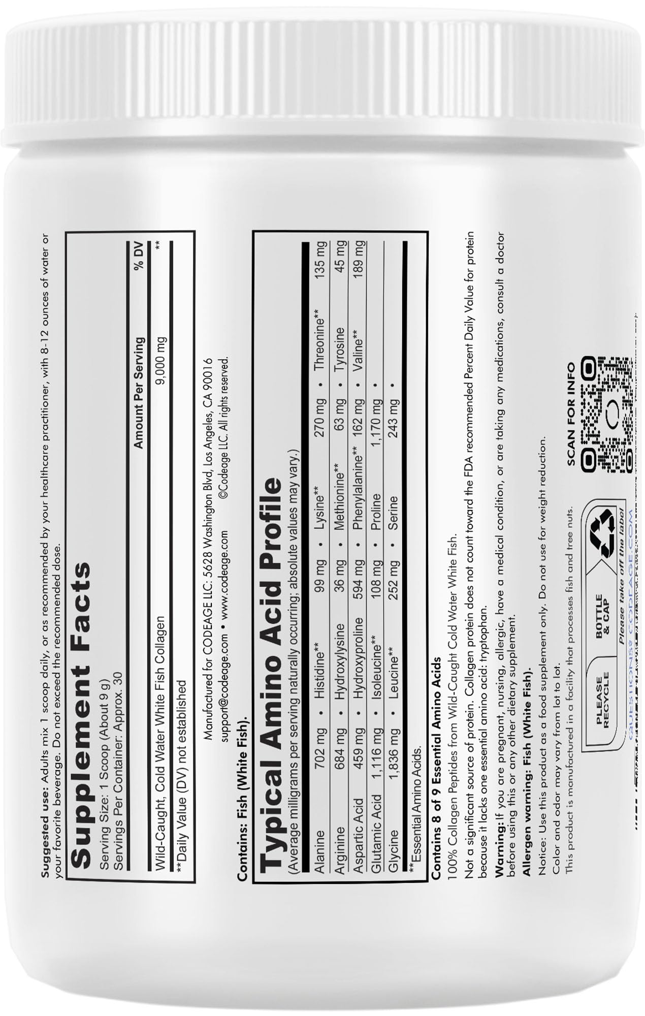 Codeage Marine Collagen Powder - Wild-Caught Hydrolyzed Fish Collagen Peptides - Type 1 & 3 Collagen CodeageUS supplements