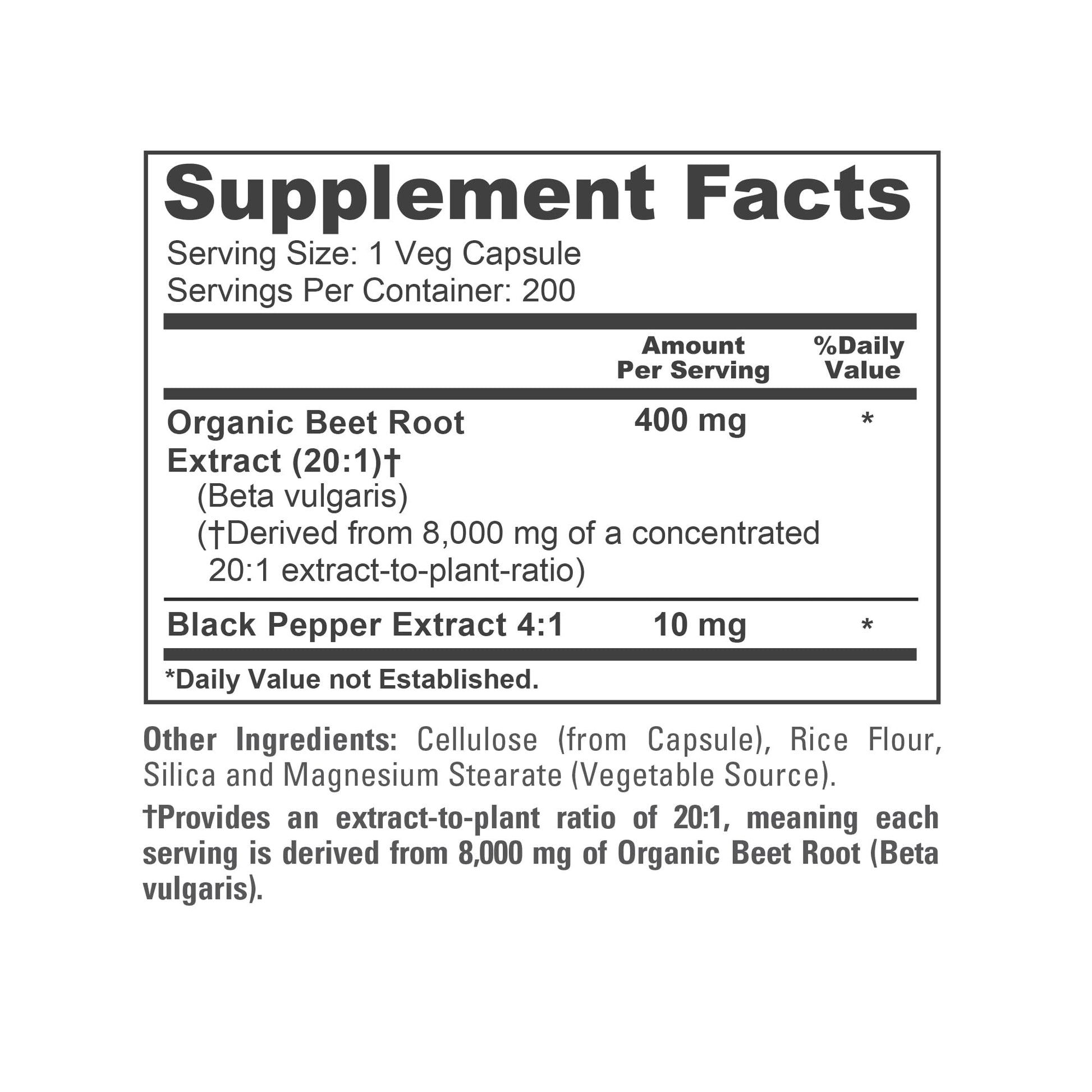 NusaPure Organic Beet Root 20:1 Extract, 400 mg Equivalent to 8,000 mg - Black Pepper 4:1 Extract, 10 mg - 200 Veggie caps (Vegan, Non-GMO) NusaPureAu supplements