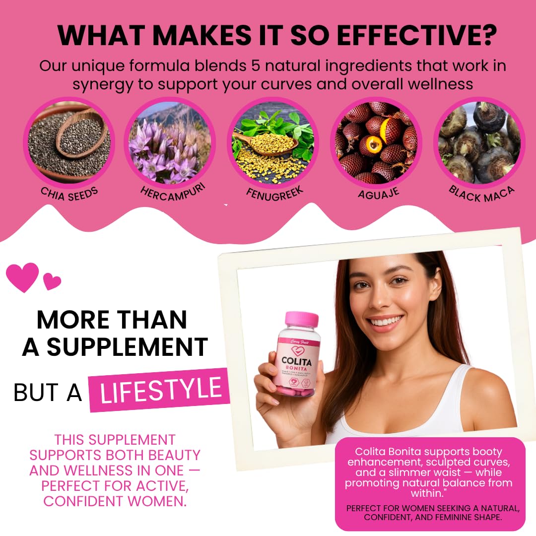 Colita Bonita – Aguaje, Black Maca & Fenugreek Pills – Natural Booty Growth & Hip Shaping Supplement – Supports Curves, Hormonal Balance & Waist Definition – 60 Capsules (30-Day Supply) Curvy FruitAu supplements