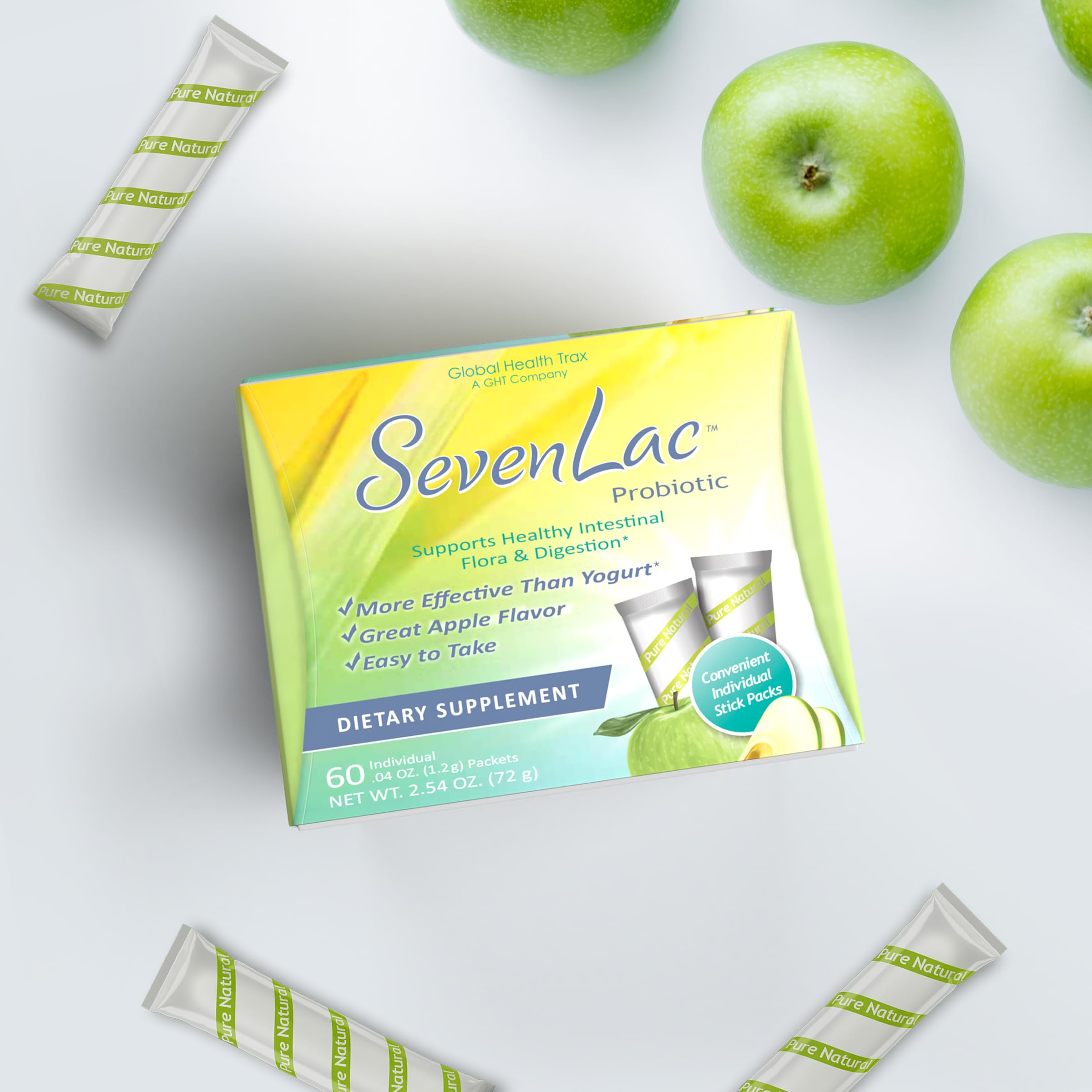 Global Health Trax SevenLac Apple Probiotic Powder Drink Mix, Probiotics for Women, Men, and Kids – Smooth Digestive Support - Relieves Constipation and Gas – 60 Packets, 2.54 Oz, Non-GMO, Gluten-Free ght Global Health TraxAu supplements