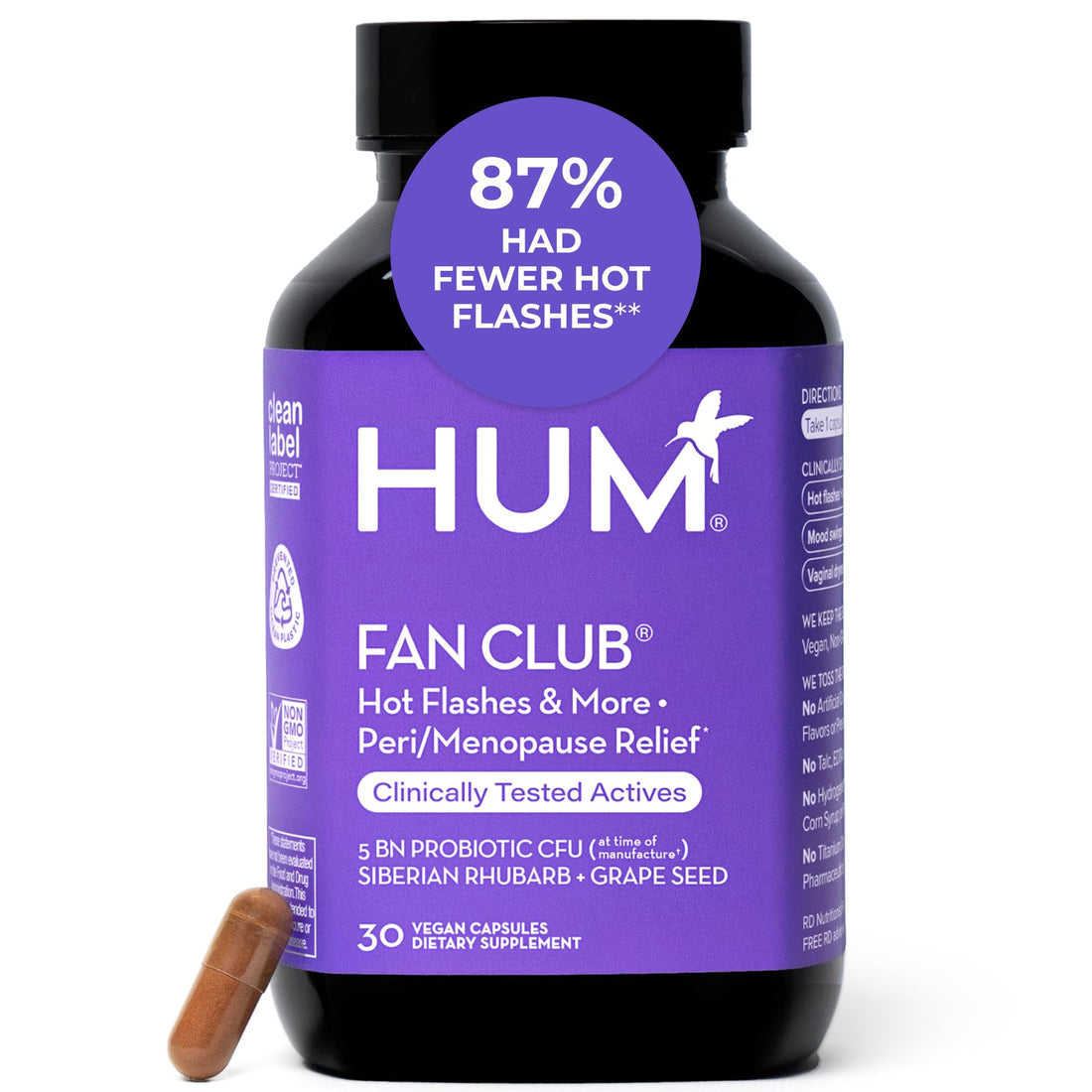 HUM Fan Club Menopause Probiotic Supplement, Estrogen Free Menopause Supplements for Women, Non Hormonal, Supports Energy & Hot Flashes, Grape Seed Extract & Siberian Rhubarb, 30 Vegan Capsules HUMUS supplements