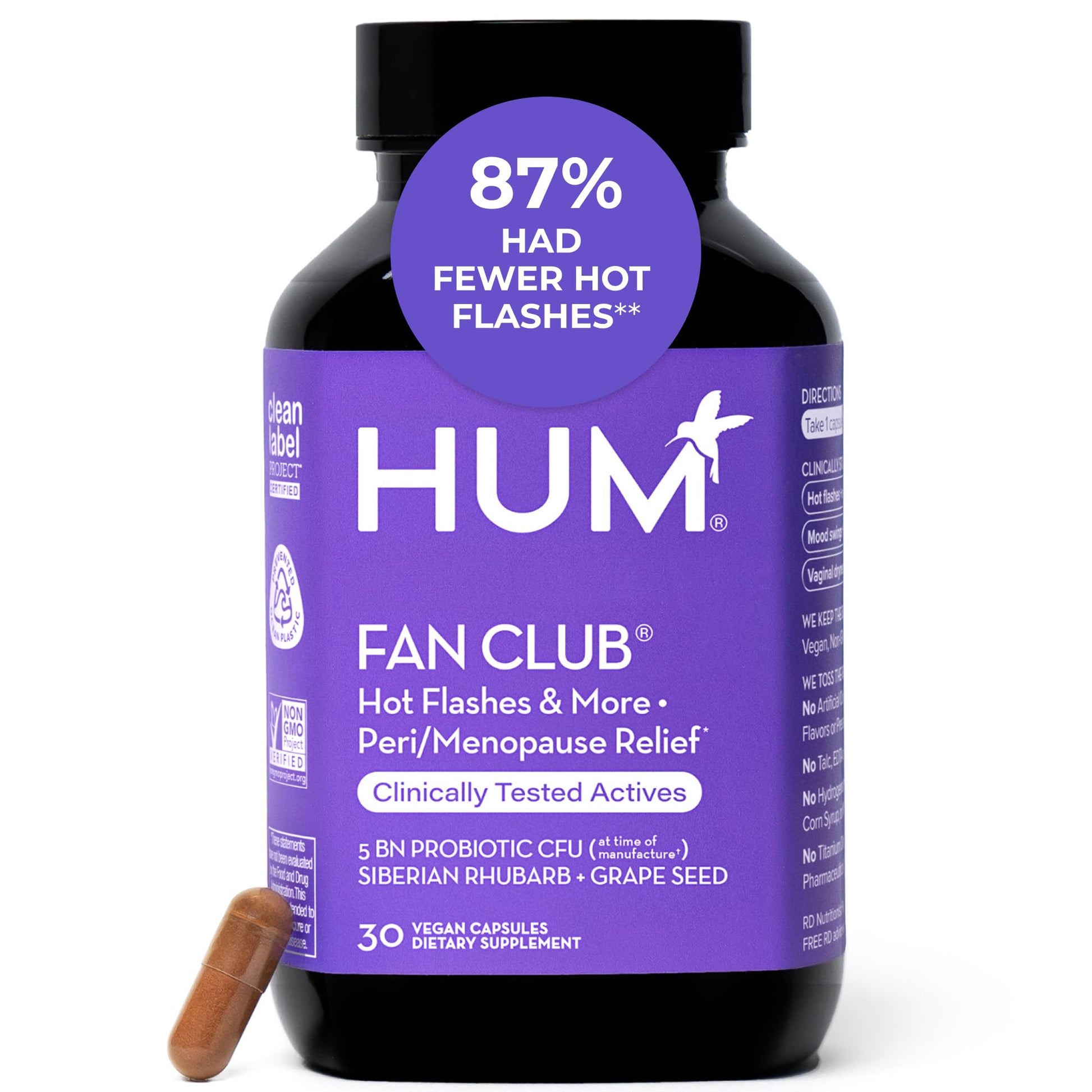 HUM Fan Club Menopause Probiotic Supplement, Estrogen Free Menopause Supplements for Women, Non Hormonal, Supports Energy & Hot Flashes, Grape Seed Extract & Siberian Rhubarb, 30 Vegan Capsules HUMUS supplements