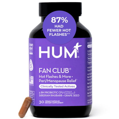 HUM Fan Club Menopause Probiotic Supplement, Estrogen Free Menopause Supplements for Women, Non Hormonal, Supports Energy & Hot Flashes, Grape Seed Extract & Siberian Rhubarb, 30 Vegan Capsules HUMUS supplements
