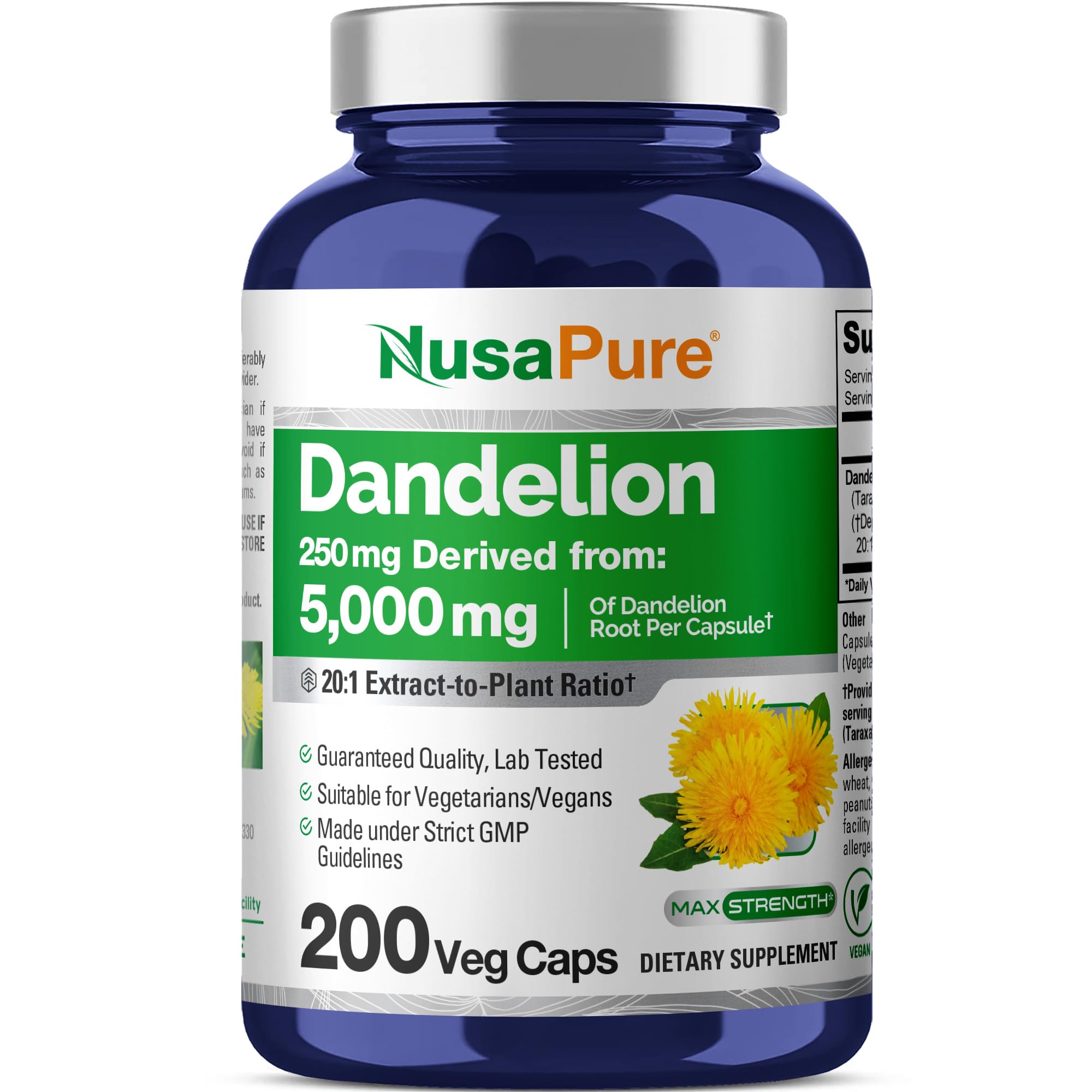 NusaPure Dandelion Root 20:1 Extract, 250 mg Equivalent to 5000mg 200 Veg Capsules (Vegan, Non-GMO) NusaPureAu supplements