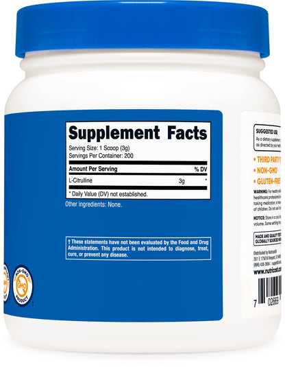 Nutricost Pure L-Citrulline (Base) Powder (600 Grams) NutricostUS supplements