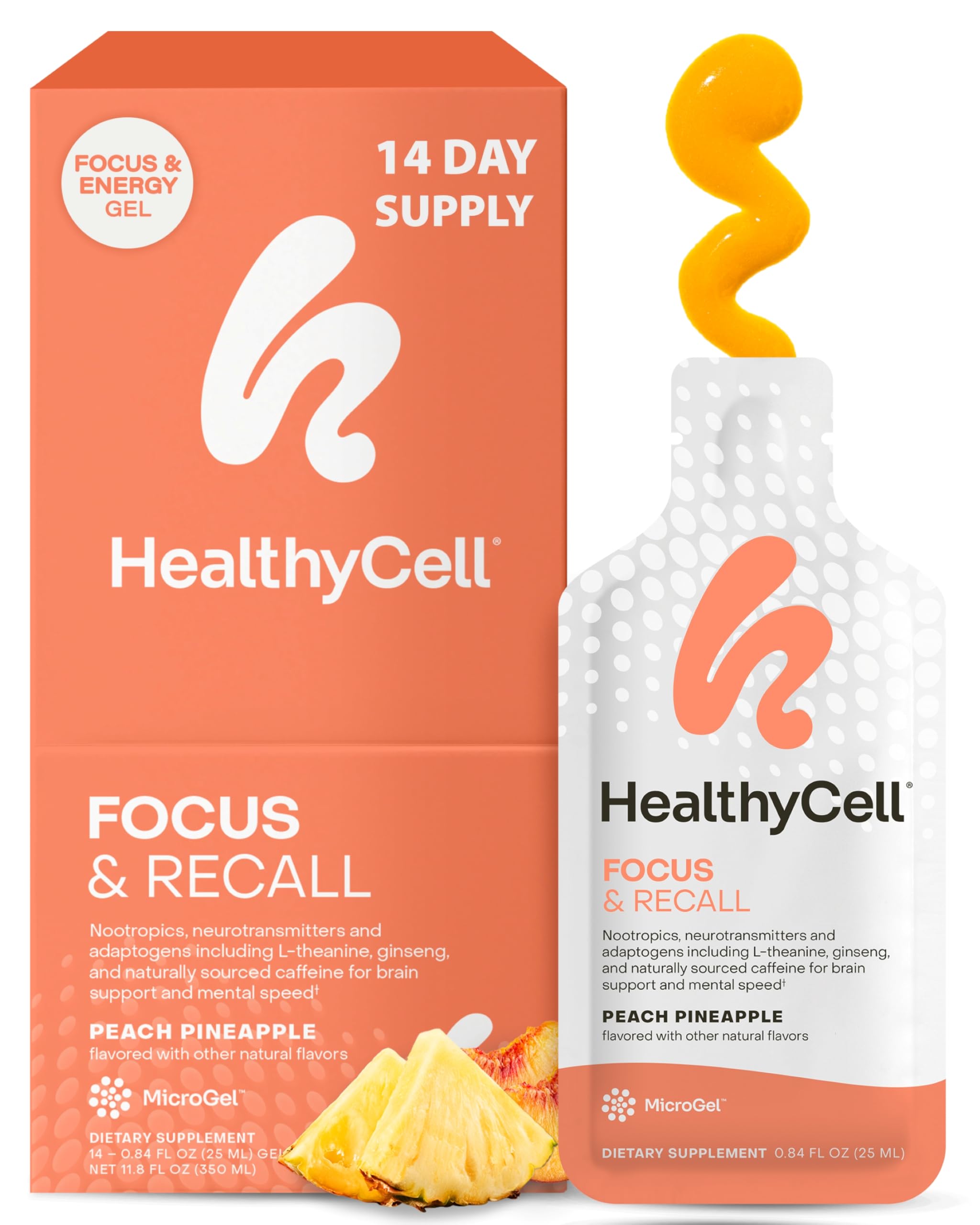 Healthycell Focus & Recall, Daily Liquid Brain Supplement for Focus & Memory - Nootropics Supplement for Concentration & Alertness with L-Theanine, Omega-3 & Taurine - 14 Gel Packs HealthycellAu supplements