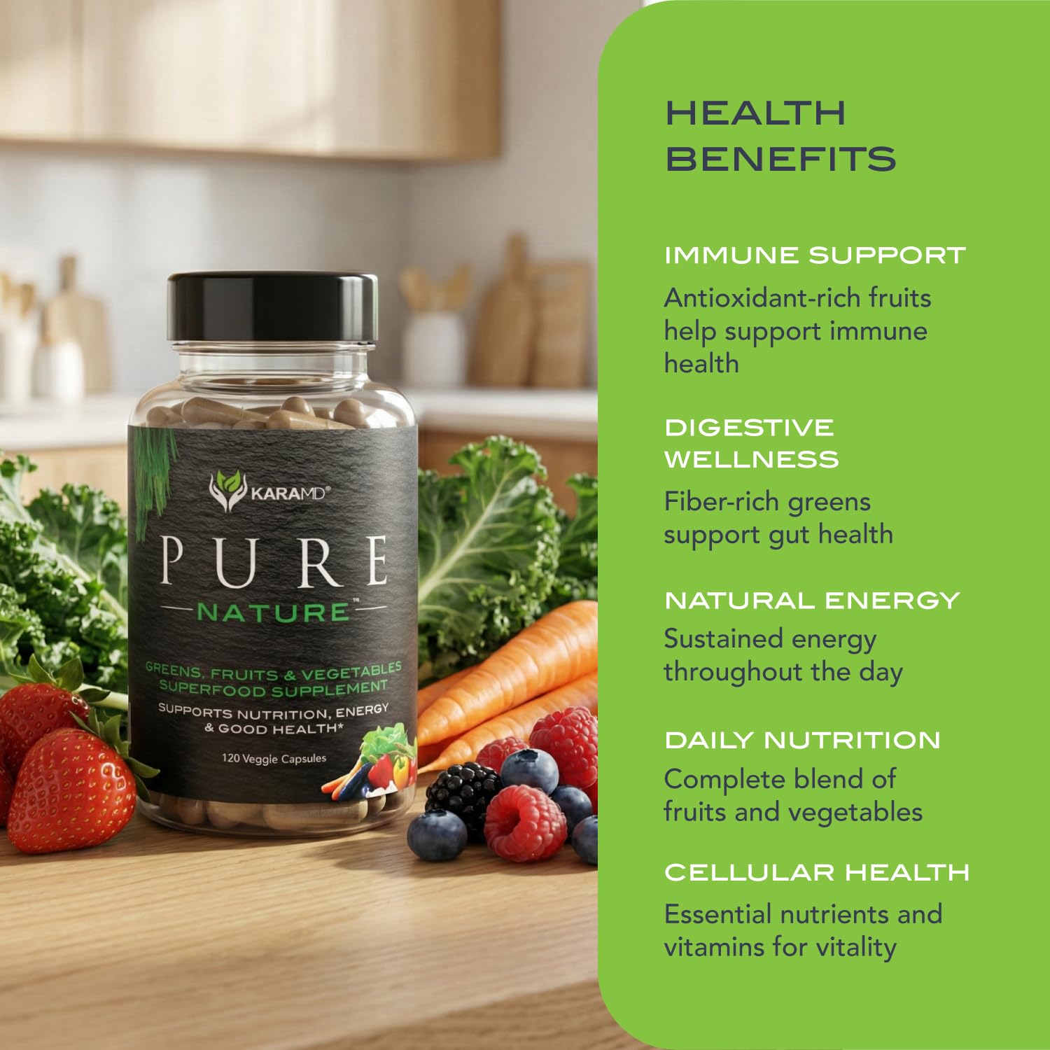 KaraMD Pure Nature | Greens, Fruit and Veggies Supplement | Vitamins, Fiber & Antioxidants | 20 Fruits and Vegetables Supplements for Energy & Digestion | Gluten Free & Vegan Friendly (30 Servings) KaraMDAu supplements