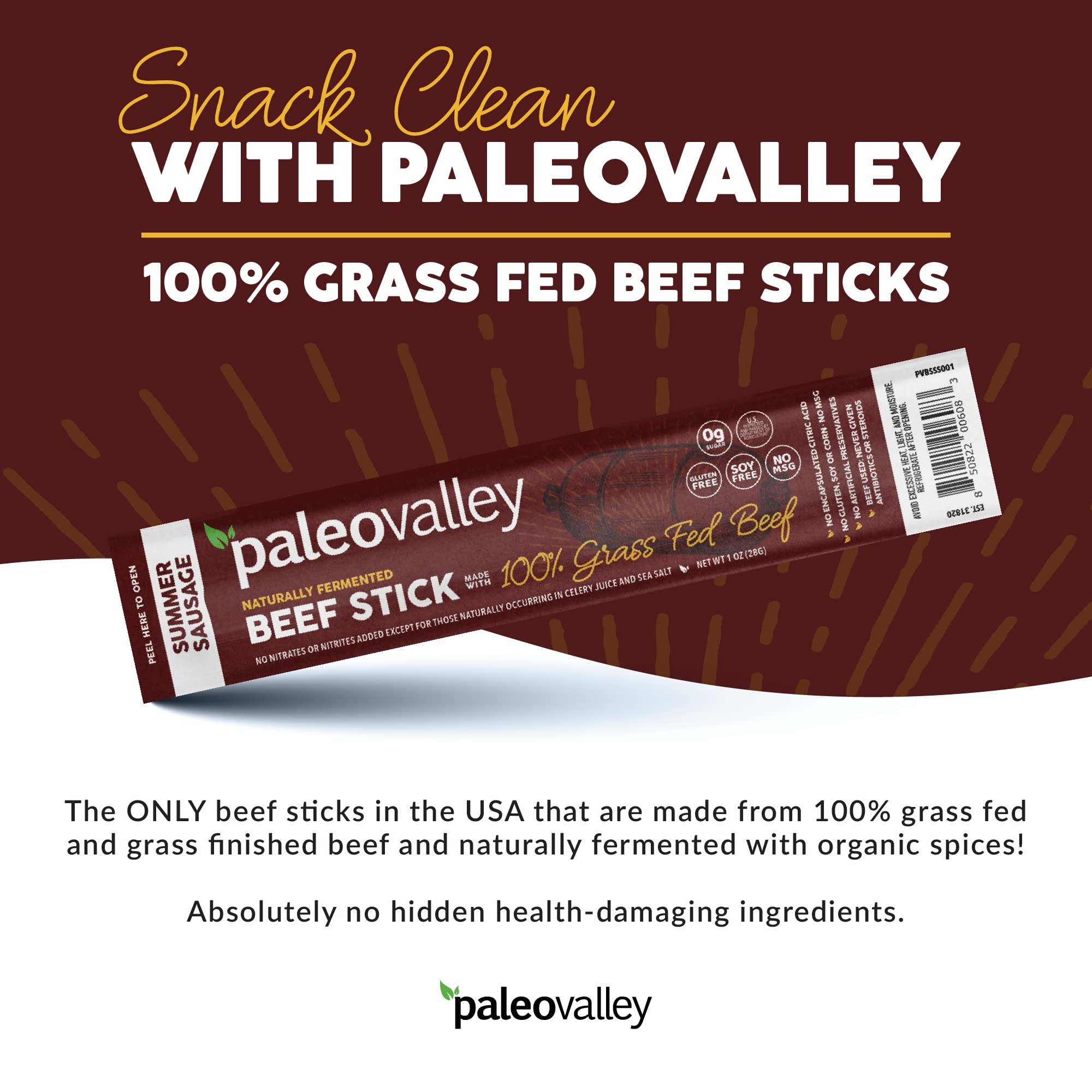 Paleovalley 100% Grass Fed Summer Sausage Beef Sticks - Delicious Gluten Free Beef Snack - High Protein Keto Friendly PaleovalleyUS supplements
