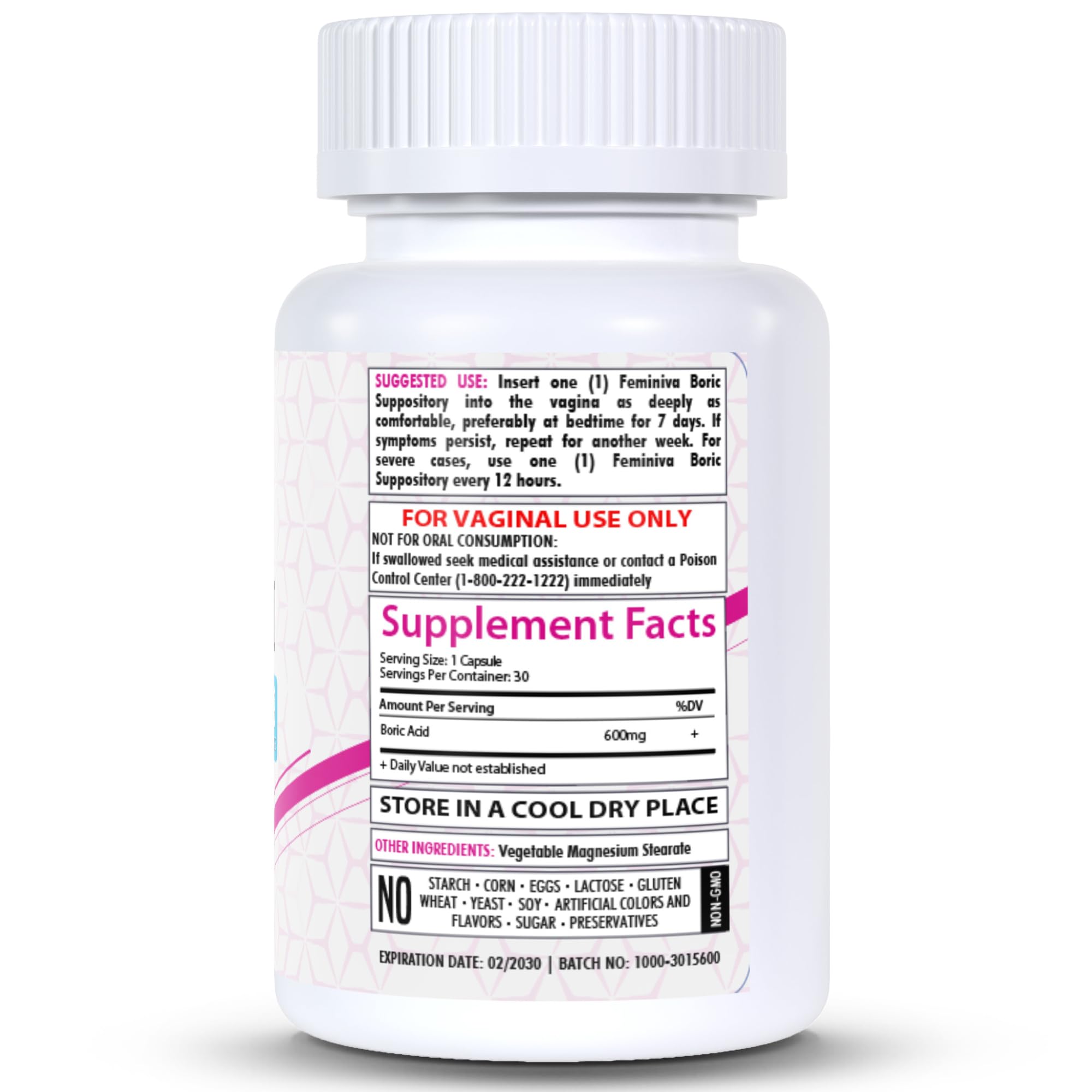 HealthFare Feminiva Boric Acid Vaginal Suppositories - 30 Count, 600mg, Intimate Health Support - 100% HealthfareAu supplements