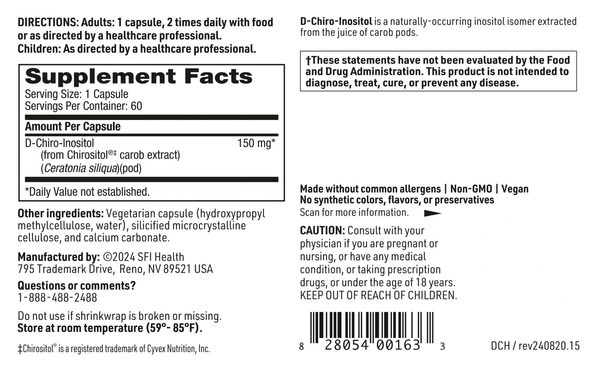 SFI Health Klaire Labs D-Chiro-Inositol - 150 Milligrams Hypoallergenic Supplement (60 Capsules) SFI HealthAu supplements