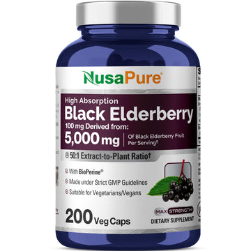 NusaPure Black Elderberry 50:1 Extract, 100 mg Equivalent to 5,000mg per Veggie Capsules, 200 Count (Vegan, Non-GMO, Bioperine) Dietary Supplement NusaPureAu supplements