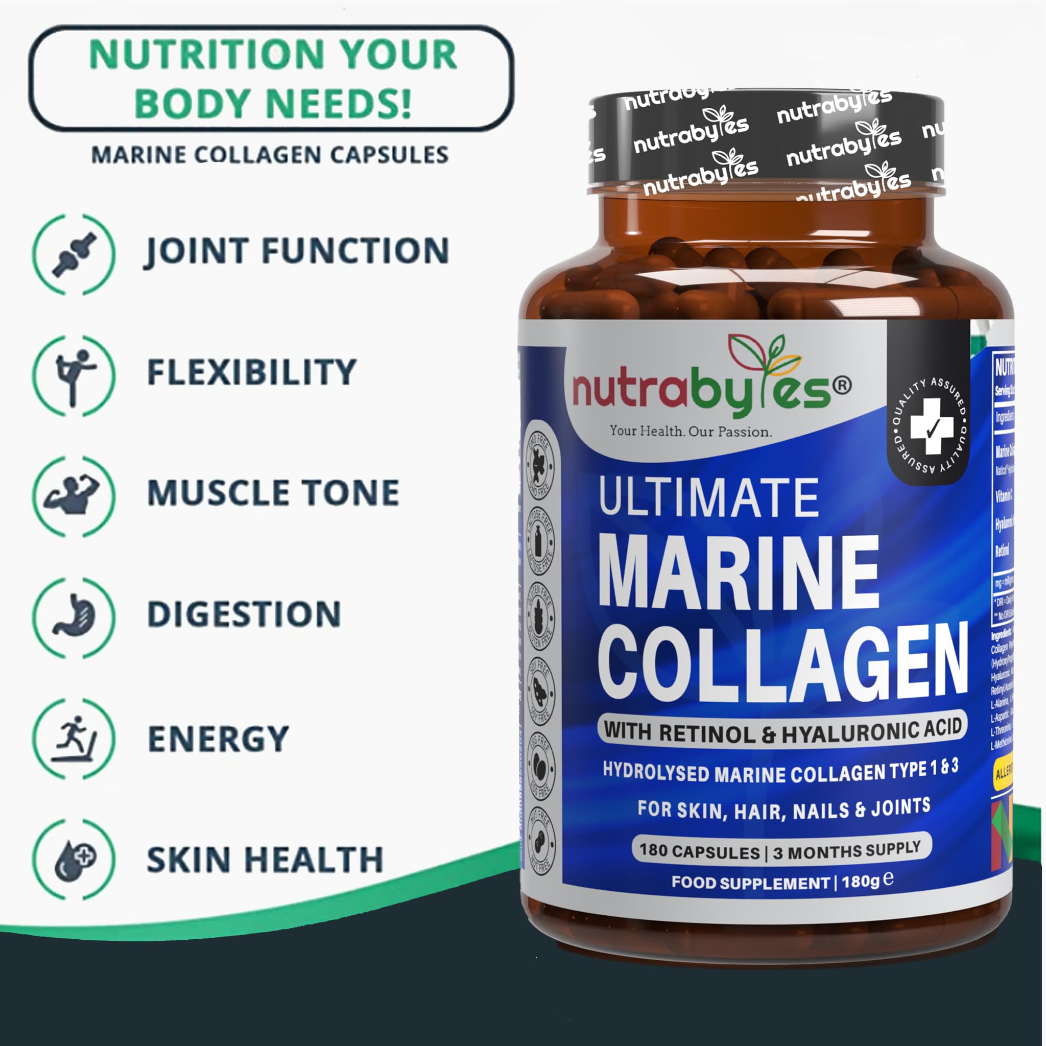 High Strength Marine Collagen with Hyaluronic Acid, Retinol and Vitamin C | 180 Capsules - 3 Months Supply NUTRABYTESAu supplements