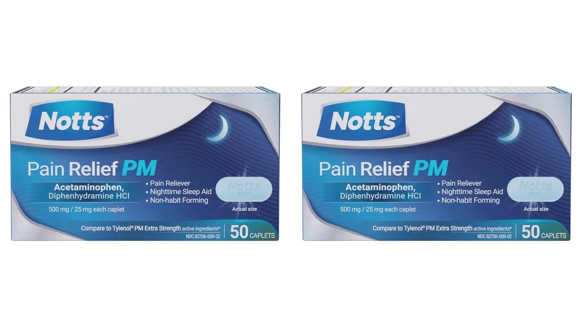 NOTTS PM Extra Strength Pain Relief & Sleep Aid, 500mg Acetaminophen & 25mg Diphenhydramine HCl, 50 Caplets for Nighttime Aches, Headaches & Body Pain, Non-Habit Forming (Pack of 2) NOTTSAu supplements
