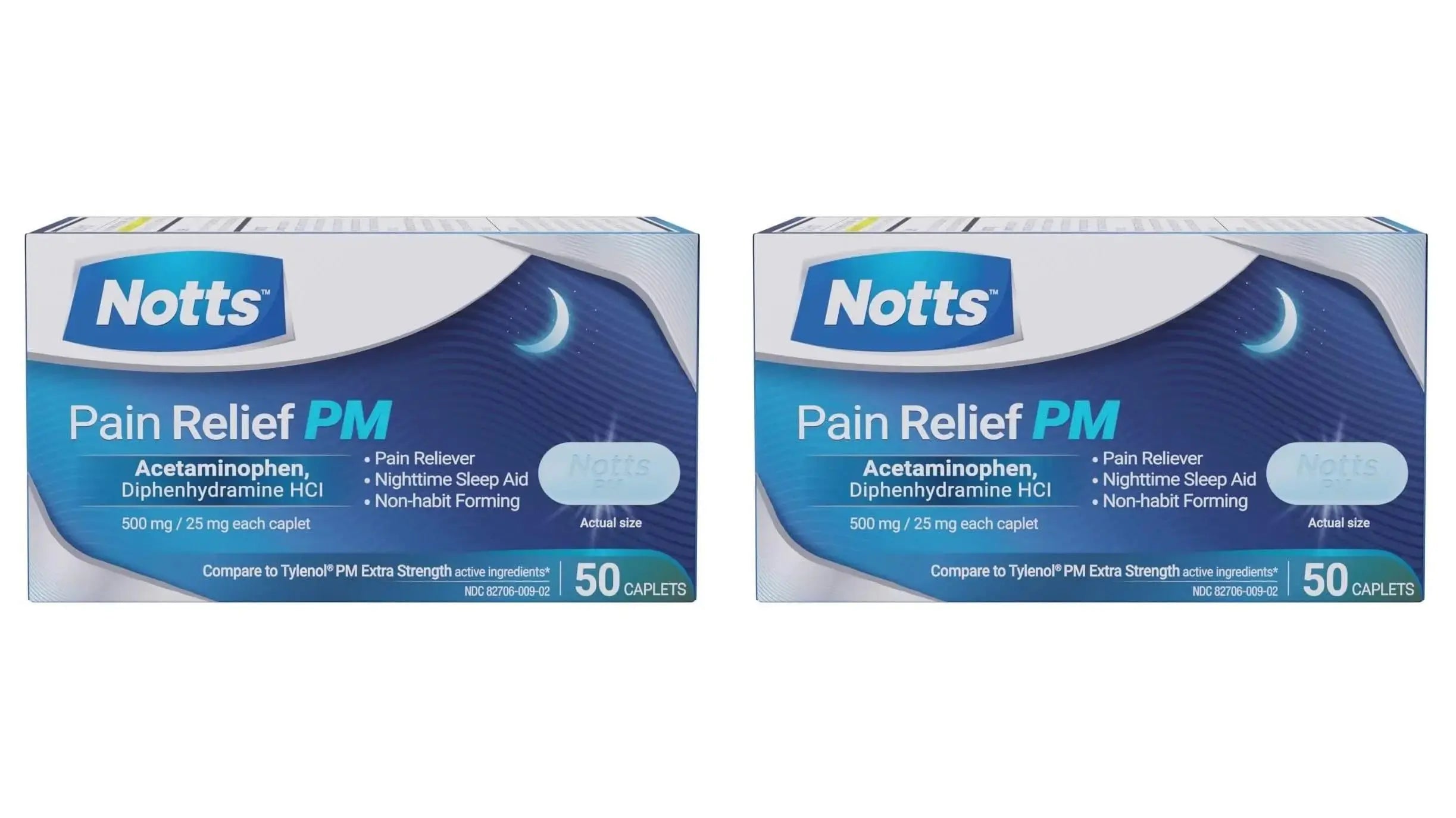 NOTTS PM Extra Strength Pain Relief & Sleep Aid, 500mg Acetaminophen & 25mg Diphenhydramine HCl, 50 Caplets for Nighttime Aches, Headaches & Body Pain, Non-Habit Forming (Pack of 2) NOTTSAu supplements