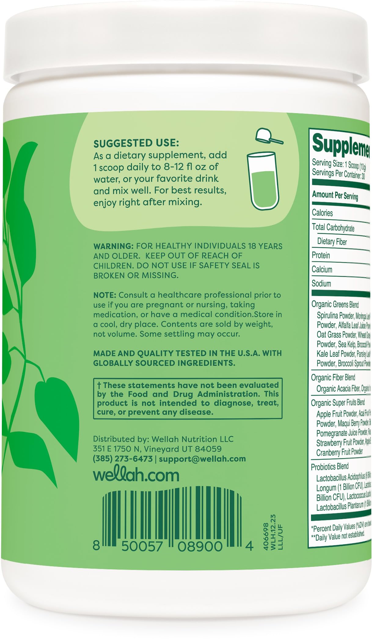 Wellah Leaf, Laugh, Love Super Greens Powder (Unflavored) 30 Servings - Superfood Supplement Drink Mix WellahAu supplements