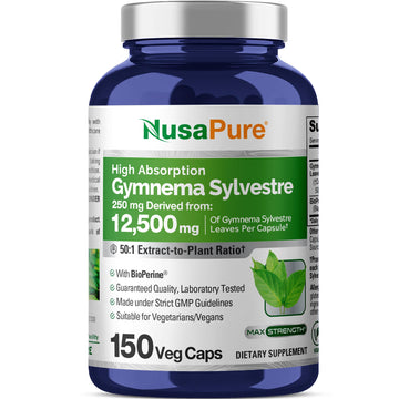 NusaPure Gymnema Sylvestre 50:1 Extract, 250 mg Equivalent to 12,500mg Per Vegan Caps - 150 Count (Non-GMO, Vegan, Bioperine) NusaPureAu supplements