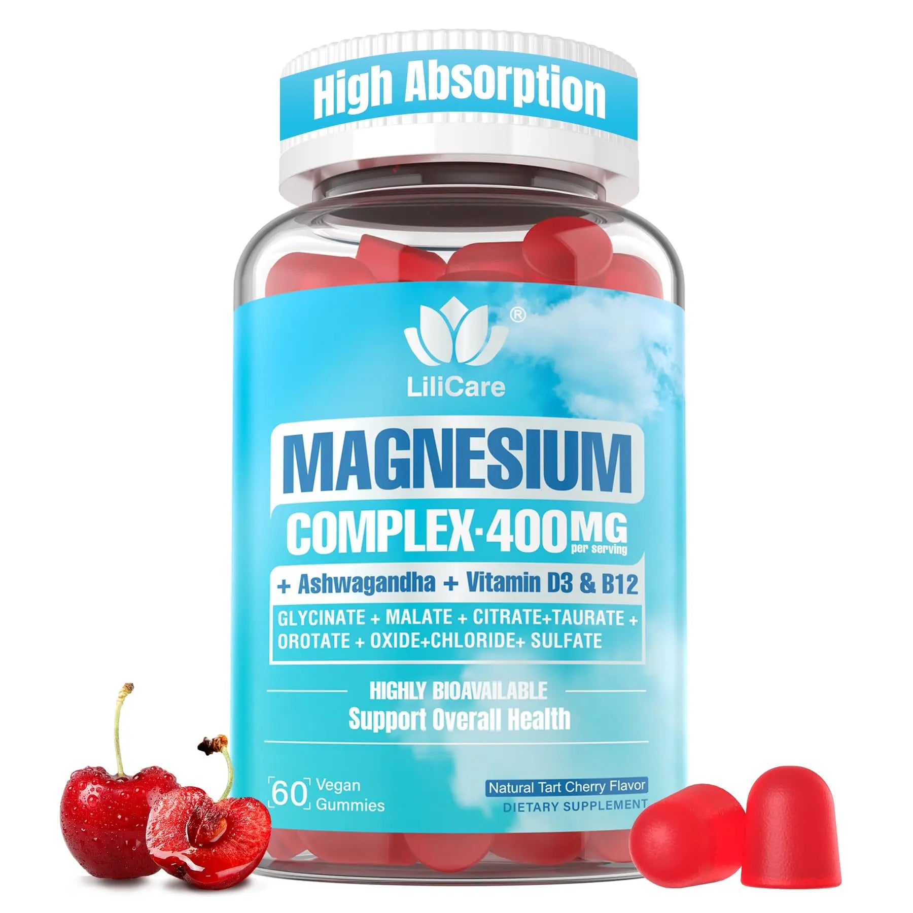 Sugar Free Magnesium Complex for Women, Calm Magnesium Gummies for Adults 400mg, Magnesium Glycinate, Citrate, Malate & More- Magnesium Gummy with Magnesium Ashwagandha, D3, B12 for Relax, Calm, Vegan LILICAREAu supplements