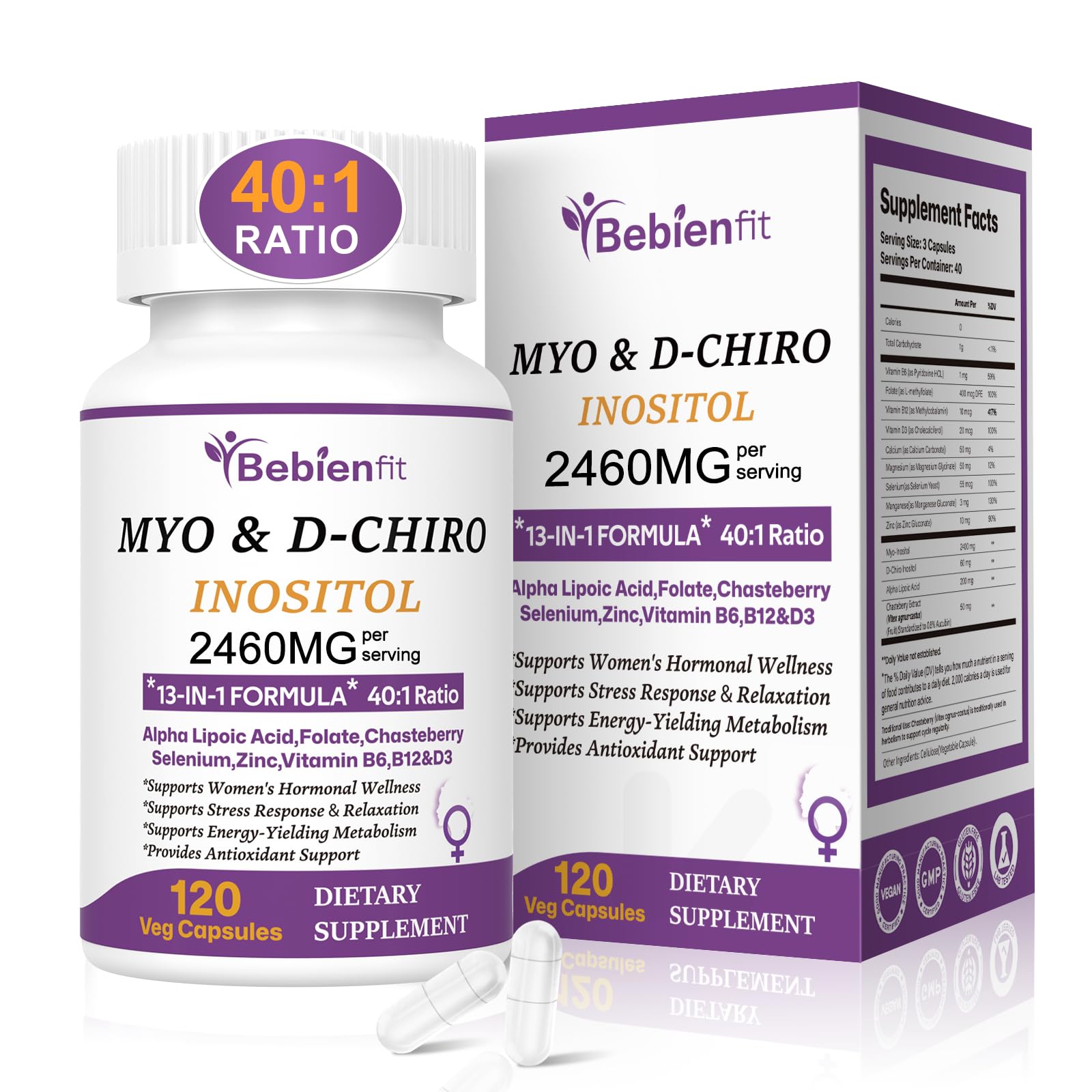 13-in-1 Myo Inositol & D-Chiro Inositol for Women PCOS,Hormonal Balance,2460mg-40:1 Ratio,Ovarian Health&Cycle Support Supplement Plus Alpha Lipoic Acid/Folate/Vitex/Magnesium/Multivitamin,120 Veg Cap Bebien fitAu supplements
