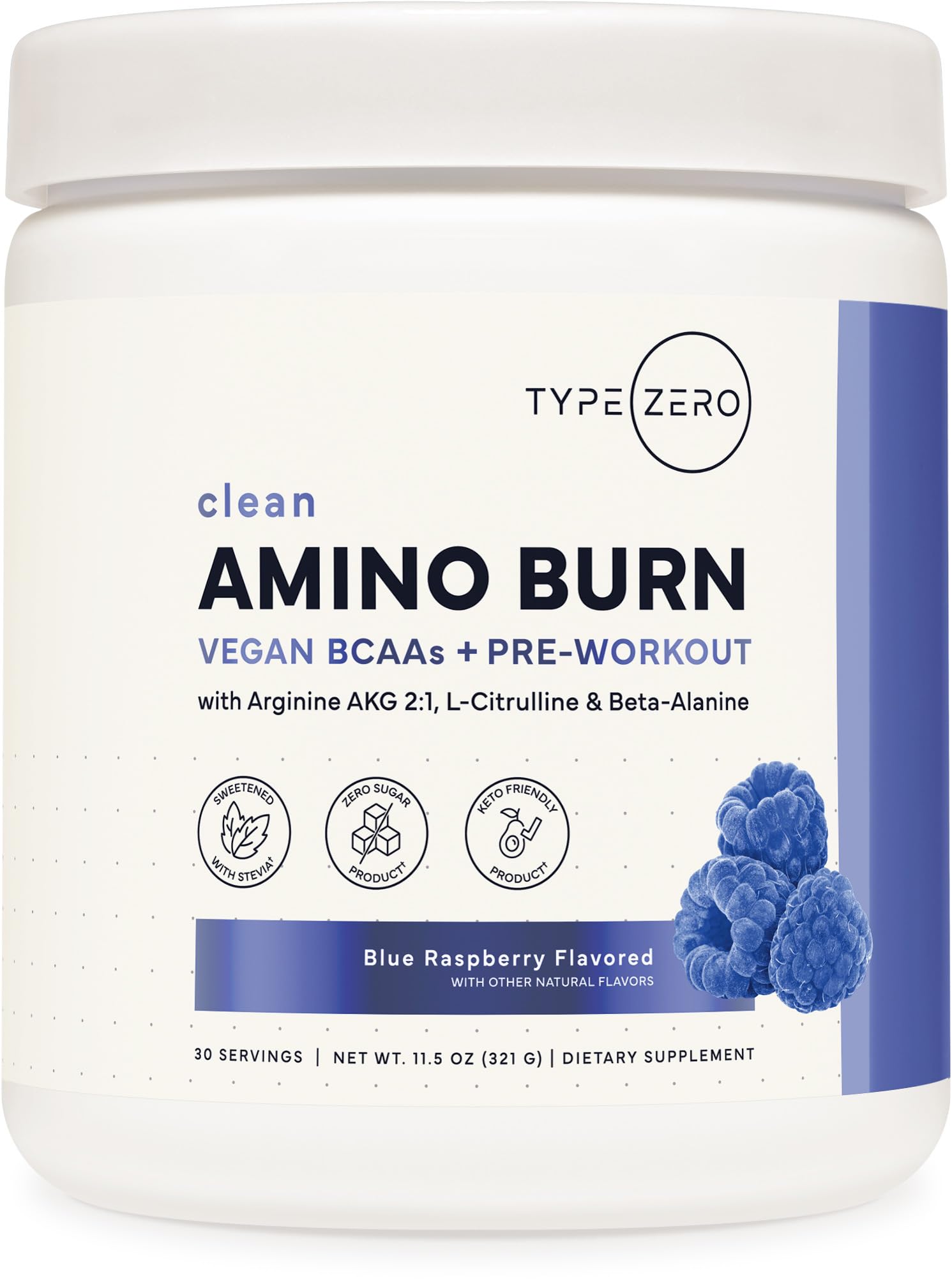 Type Zero Amino Burn - Vegan BCAA + Clean Pre Workout Powder with Arginine AKG, L-Citrulline & Beta Alanine - Amino Acid Clean Energy, Endurance & Hydration Supplement - Blue Raspberry, 30 Servings Type ZeroUS supplements