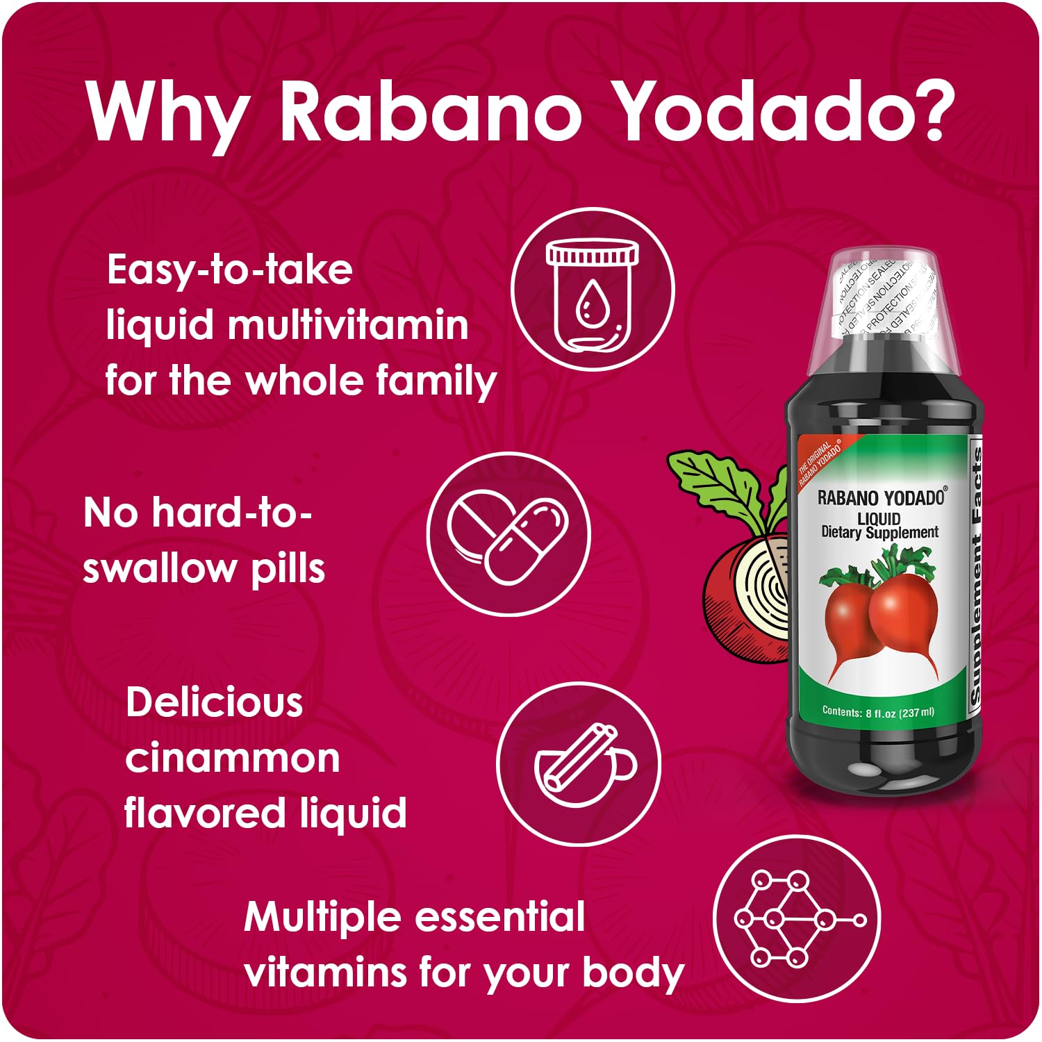 Rabano Yodado Ionized Radish Dietary Liquid Supplement with Iodine, Vitamin B1, B6 & B12, Wellness & Digestive Support, Helps Maintain Natural Energy & Nutrient Balance, 8 Fl Oz, Pack of 1 Rabano YodadoAu supplements