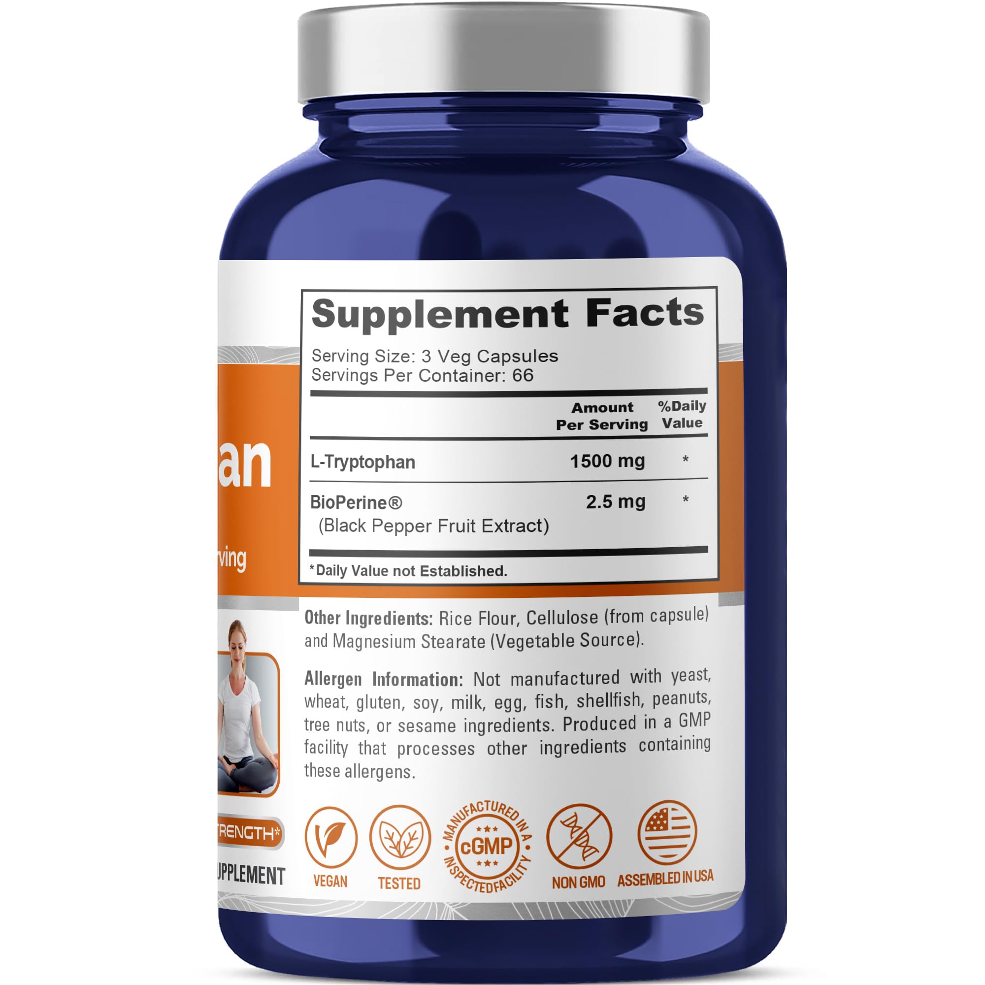 NusaPure L-Tryptophan - Suitable for Vegetarian/Vegan, Non - GMO - 1500mg 200 Capsules NusaPureAu supplements