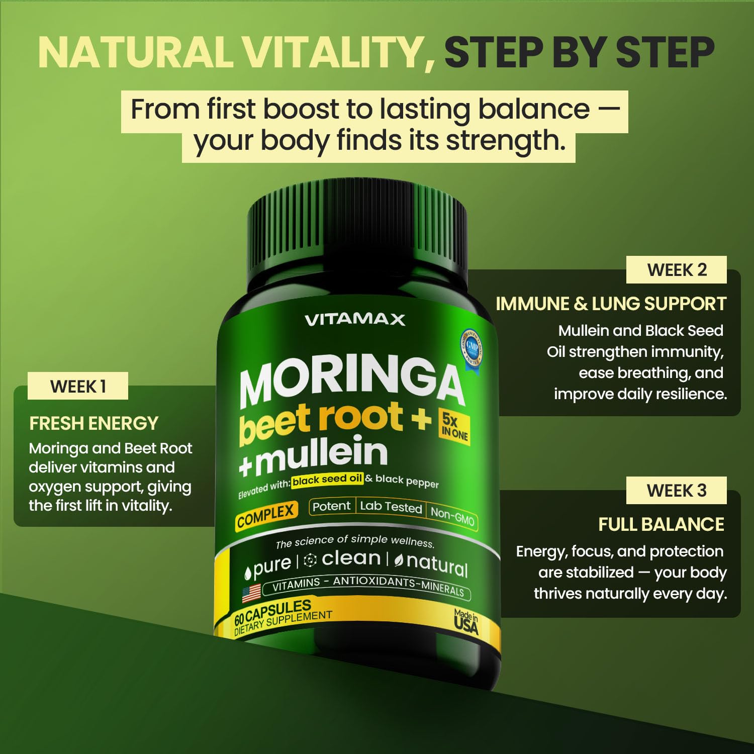 Moringa Capsules, Beet Root, Mullein Leaf - Energy, Skin, Immune Supplement Superfood, Rich in Antioxidants, Minerals & Essential Vitamins - High Absorption Non-GMO - Made in USA - 60ct VitamaxAu supplements