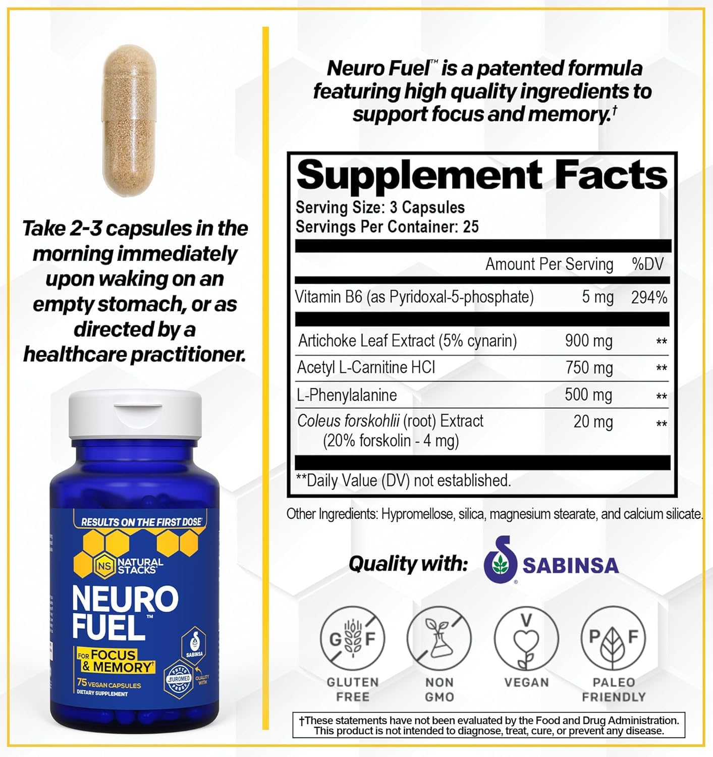 NATURAL STACKS Original NeuroFuel Nootropic Brain Support Supplement - 750mg L-Carnitine & 500mg L-Phenylalanine - Brain Supplement for Memory and Focus* - 75 Focus Pills NATURAL STACKSAu supplements