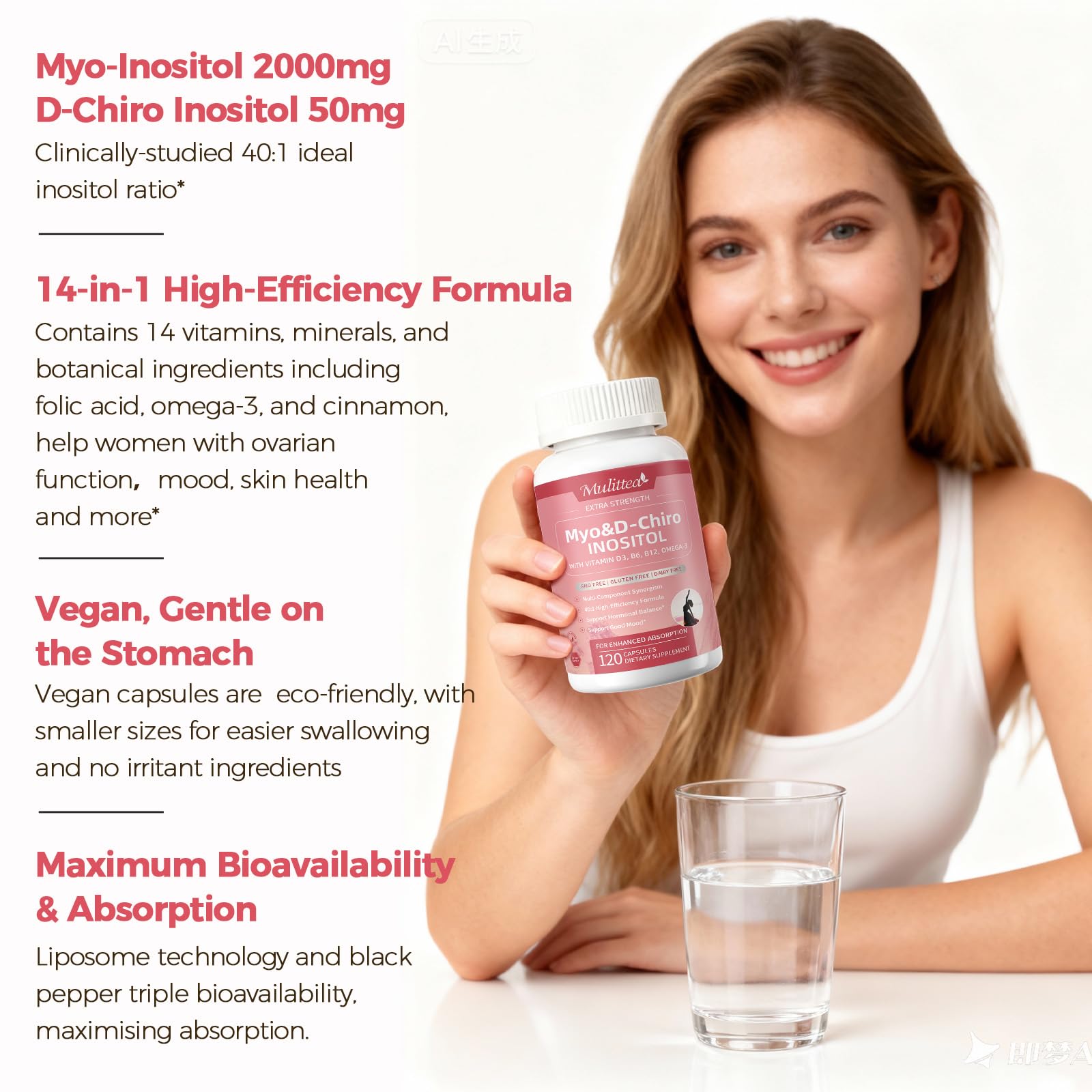 Mulittea Myo-Inositol & D-Chiro Supplement for Women - 14-in-1 Liposomal Inositol with Folic Acid,Omega-3 & Multivitamin for Hormone Balance,Support Ovarian,Skin & Mood- 40:1 Vegan 120 Capsules MulitteaAu supplements